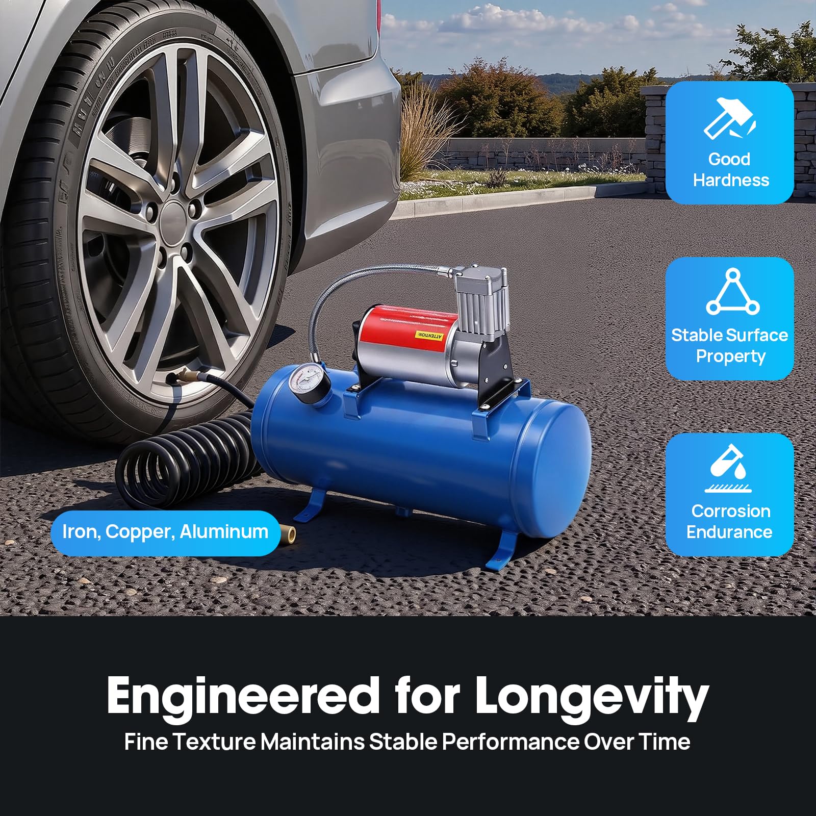 Compresseur d'air électrique silencieux 12 V 150 PSI Capacité du réservoir 6 litres Gonfleur de pneu Pompe à pneus pour voiture, bateau, vélo