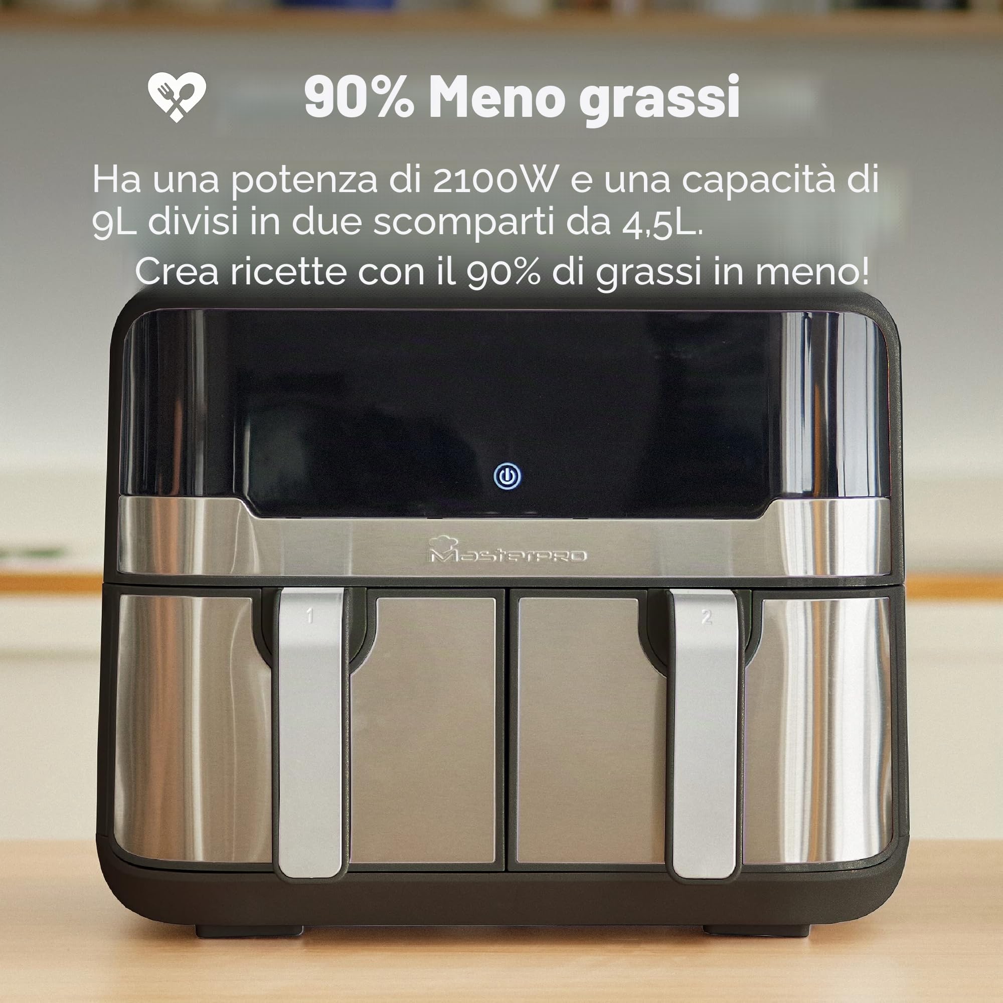 MasterPRO Rocket Duo 900 - Friggitrice senza olio doppio - Colore nero - Capacità 9 L e 2400 W - Display LED Touch e cestello antiaderente + vassoio da forno rettangolare silicone 12.7 x 19.5 x 7+2 cm