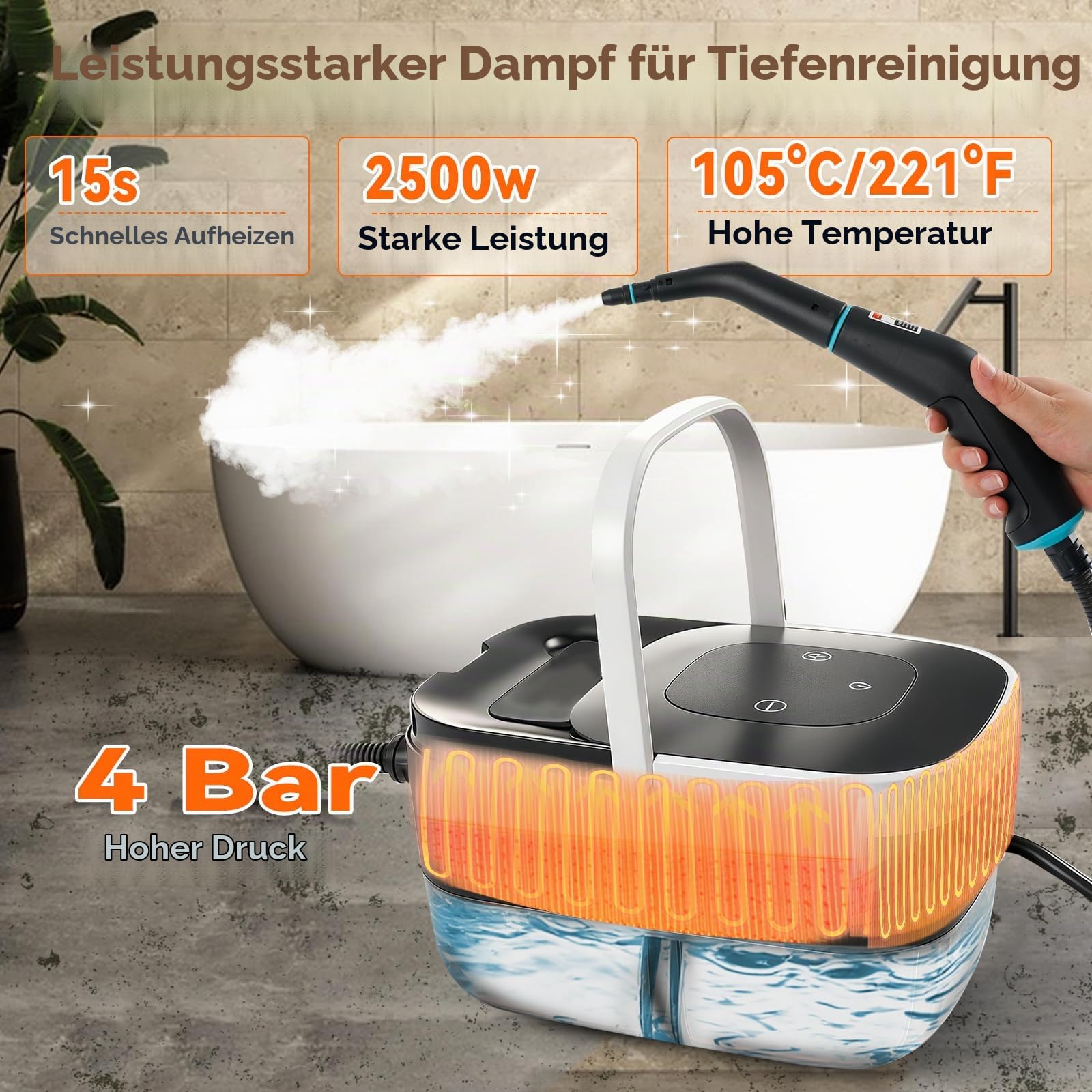 2500 W 4 bar Hochdruck-Handdampfreiniger, 1250 ml Tank 6 Stufen Hochtemperatur-Druckreinigungsgerät für Auto, Fenster, Küche, Boden, Möbel