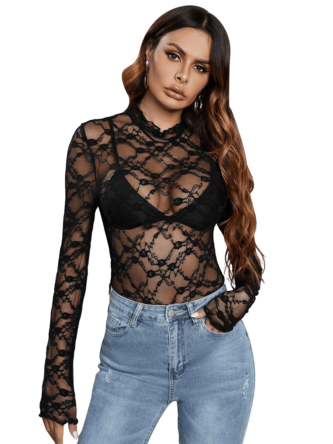 Floerns T-shirt à manches longues et col montant en maille transparente pour femme