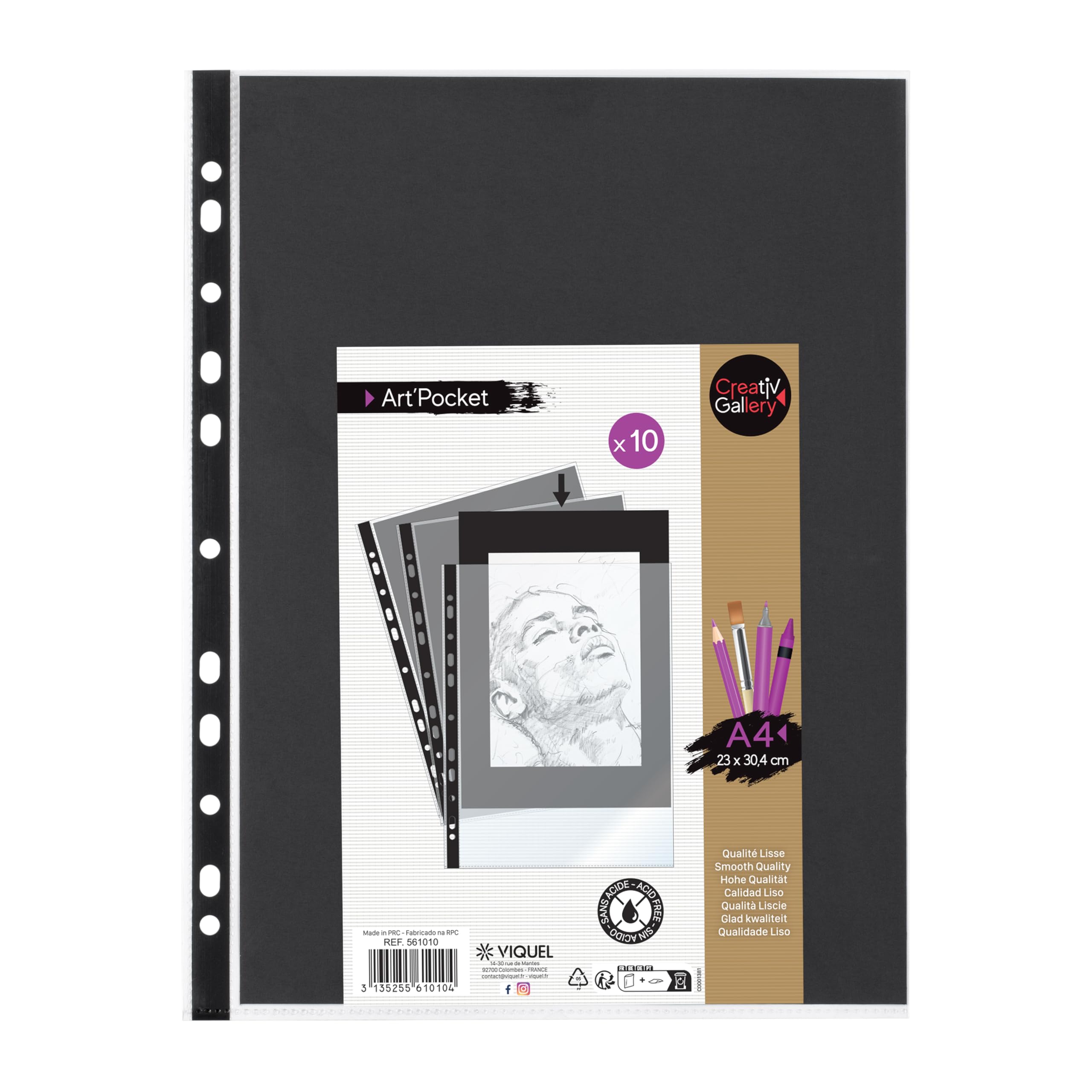 Viquel - Set of 10 A4 Perforated Plastic Pockets ART'POCKET CREATIV'GALLERY - Pockets with Black Sheet for Presentation - Ideal for Photos or Drawings