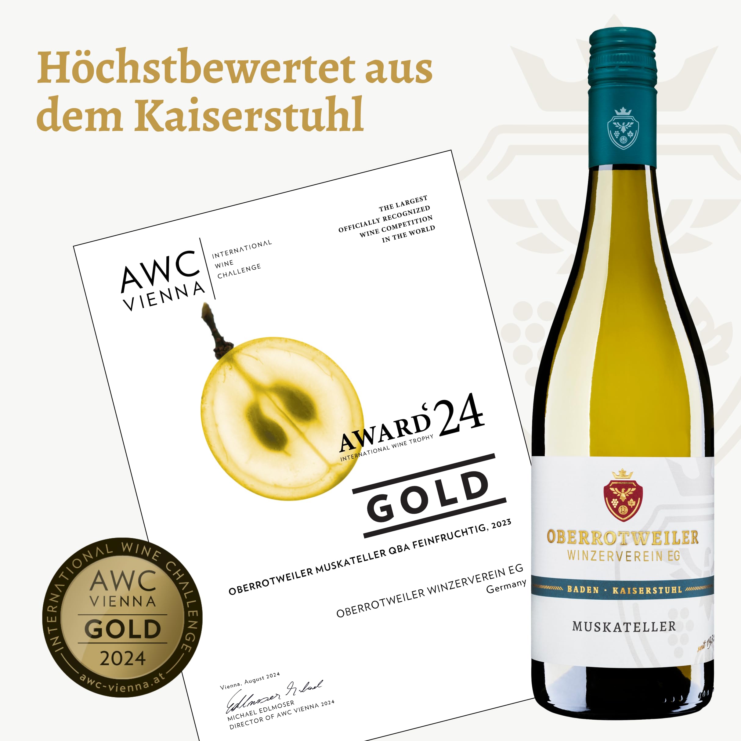 Oberrotweiler Muskateller QbA - Weißwein lieblich, frisch fruchtig süß im Geschmack - Badischer Qualitäts-Wein, Anbaugebiet Kaiserstuhl (6 x 0,75 l)