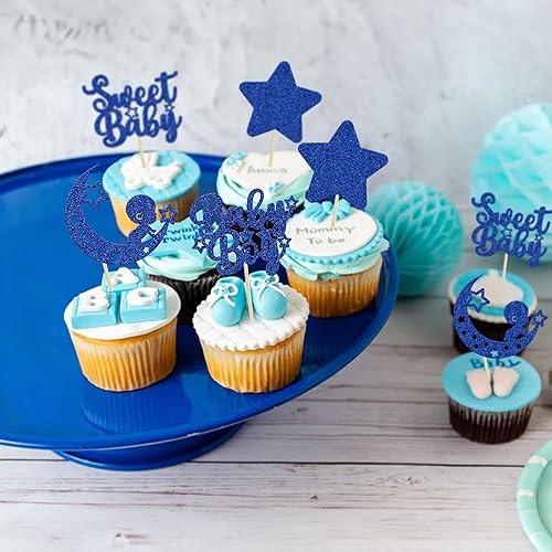 Miniatura 9 de Gyufise 24 piezas de decoración de cupcakes para baby shower con purpurina de estrellas y luna, dulce bebé niño, para baby shower, fiesta de