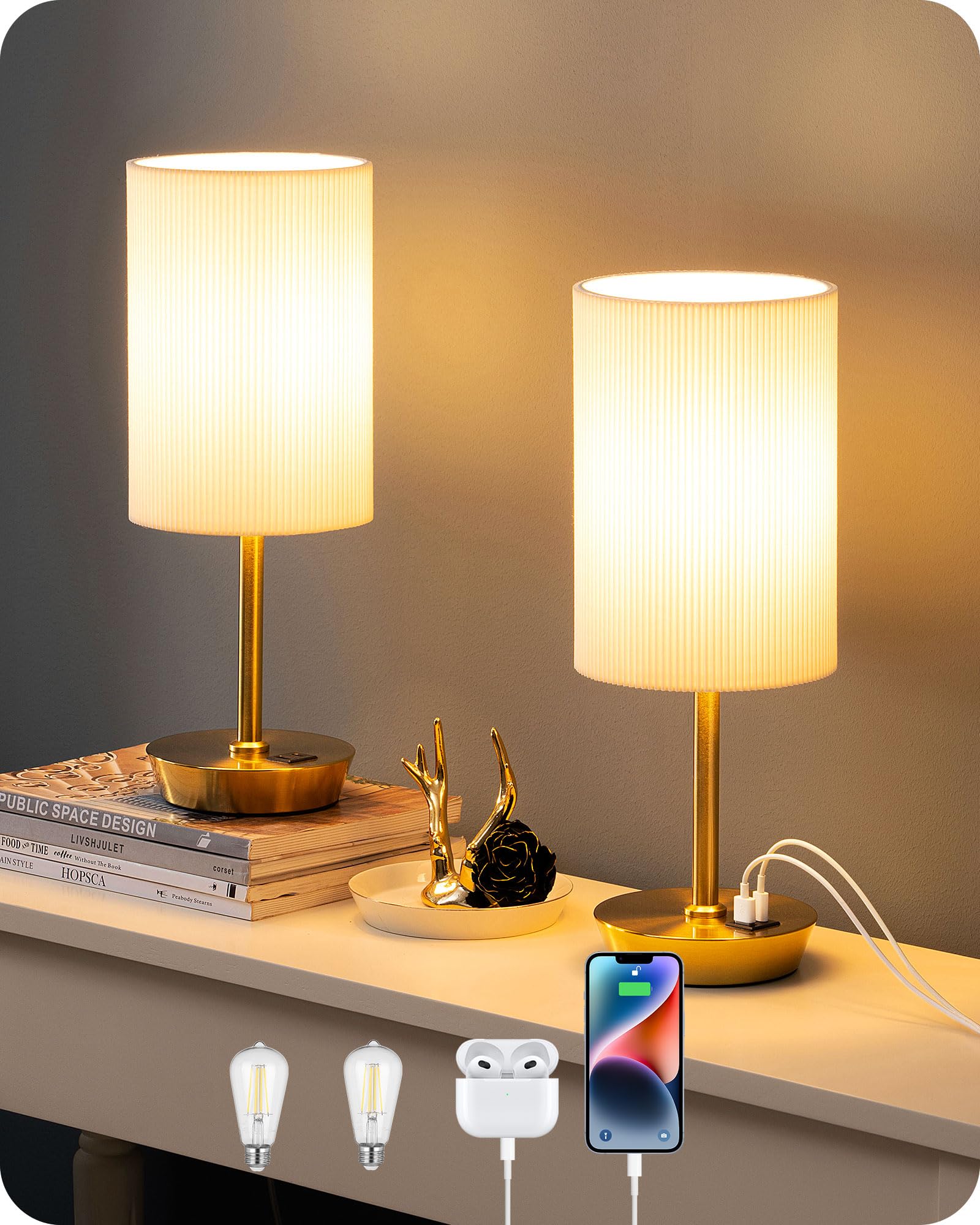 EDISHINE LED Nachttischlampe Touch Dimmbar 2er Set, Tischlampe Modern, Kleine Lampe, mit Ladefunktion, 2 USB Anschlüsse, mit Kabel, für Schlafzimmer, Wohnzimmer, Fensterbank, Geschenk, Gold