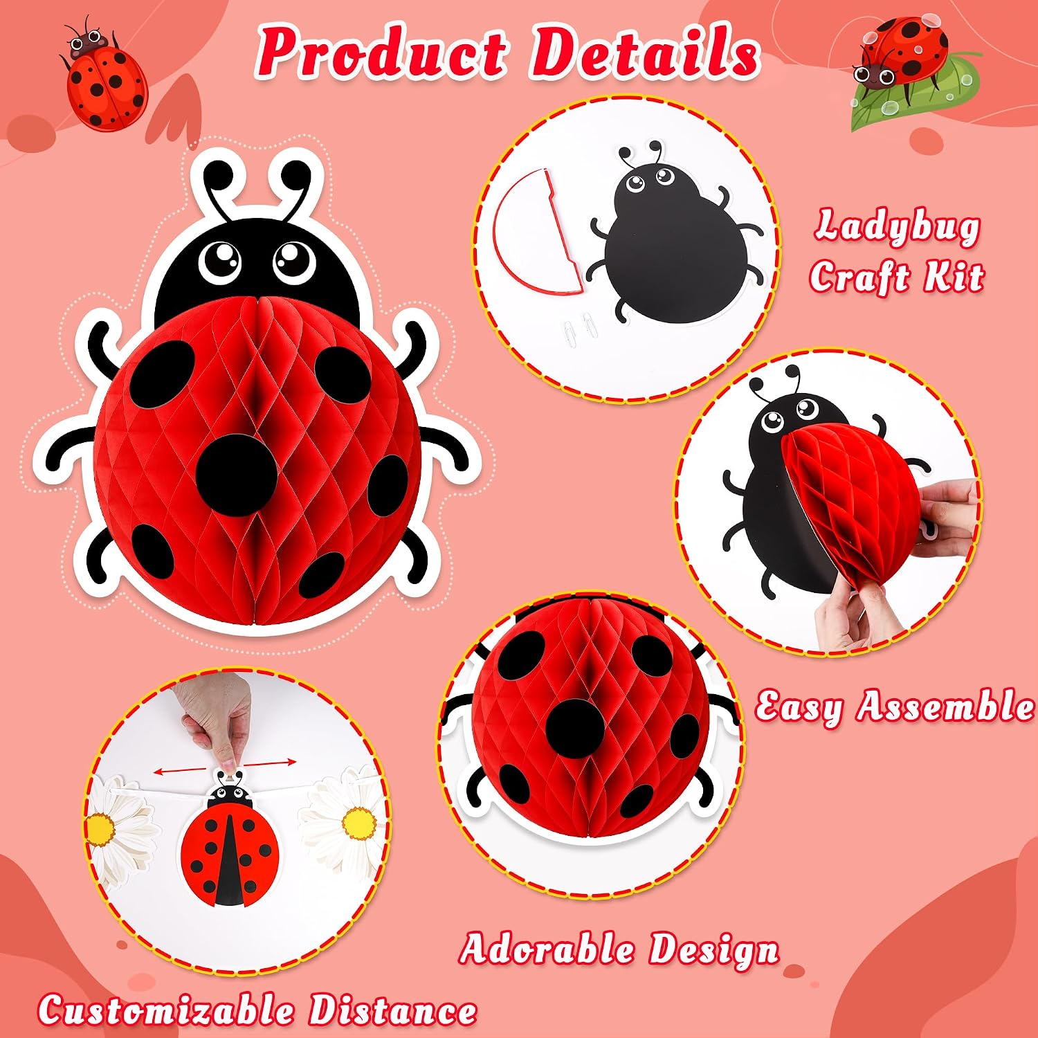 14PCS Ladybug Party Decorations Daisy Lady Bug Honeycomb Banner Set Hanging Decor Birthday Baby Shower Table Centerpieces (Assembly Needed)
