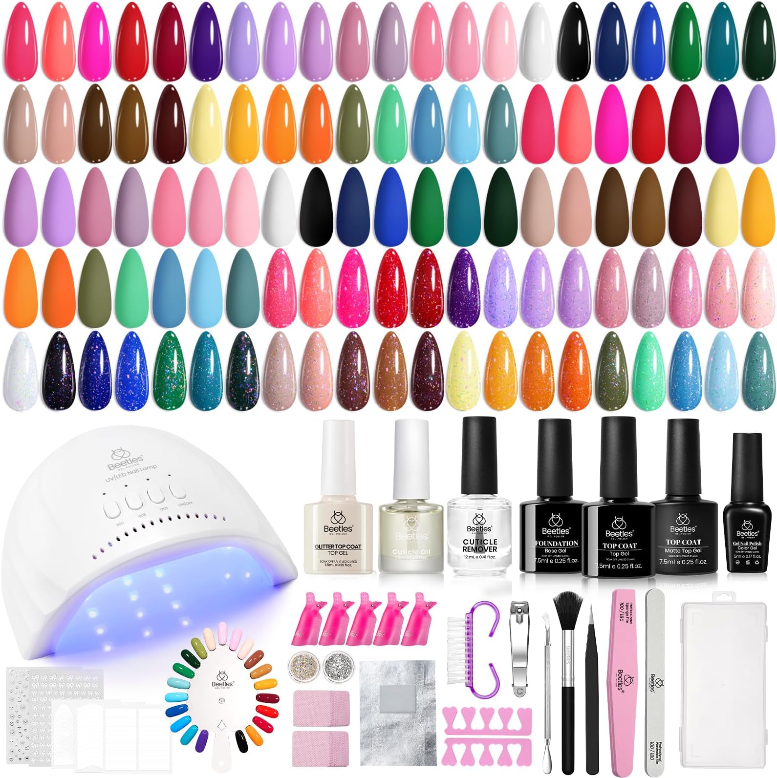 Beetles 69 Pcs Gel Nail Polish Kit with U V Light - 35 Colors Gel Polish Nail Kit with with Base & Glossy Top Coat Soak Off DIY Salon Beginner-friendly Manicure Nails Stuff Gifts for Women Teens Girls