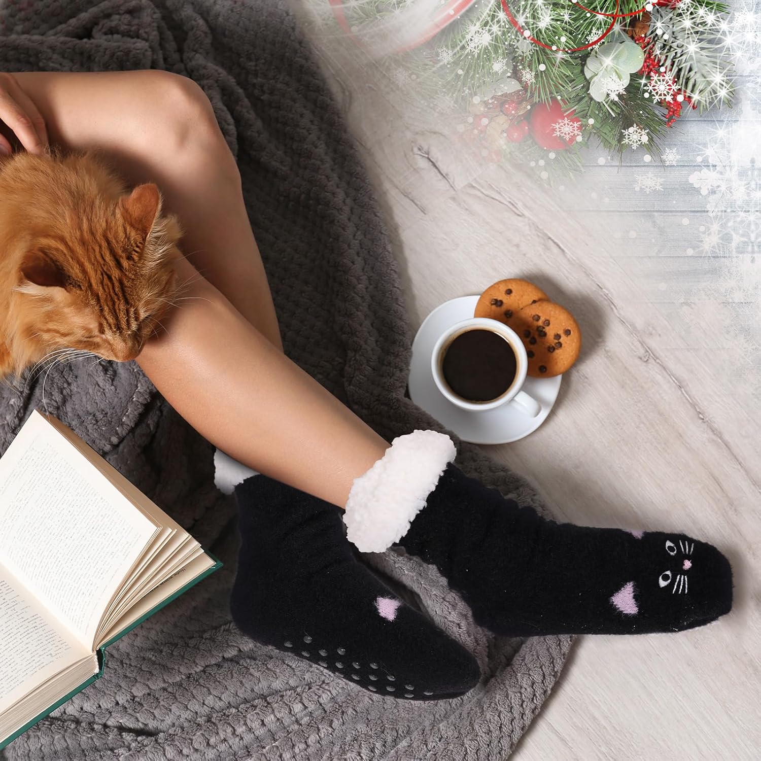 Foaincore 4 Pairs Fuzzy Cat Socks for Women Cute Warm Winter Animal Slipper Socks Bulk with Christmas Gift Bag Fleece Lined Non Slip Grippers - Image 3