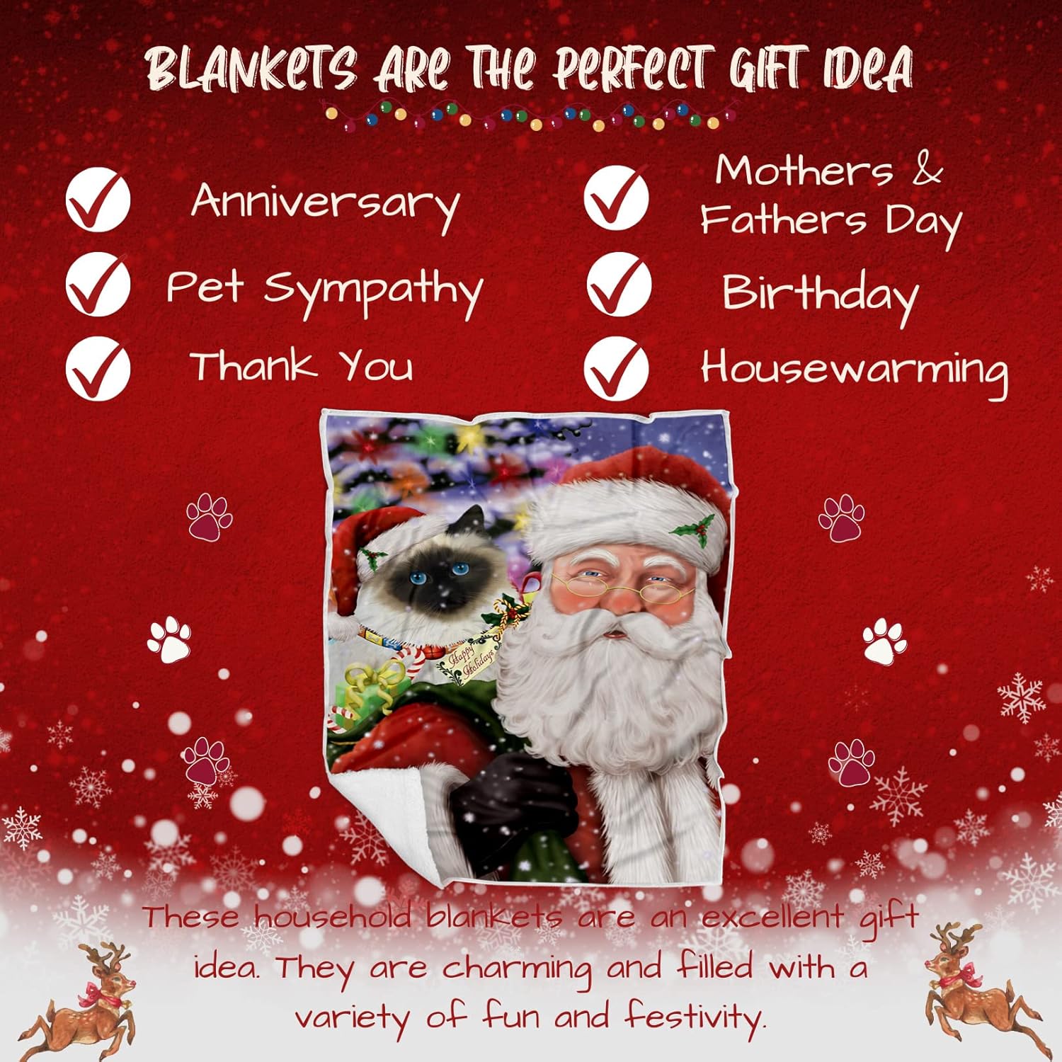 Doggie of the Day Birman Cat Blanket - Christmas Santa Carrying Presents - Super Soft & Warm Pet Theme for Sofa or Bed, Warm Fleece, Sherpa or Woven Material, BLNKT160194 (60x80 Fleece)