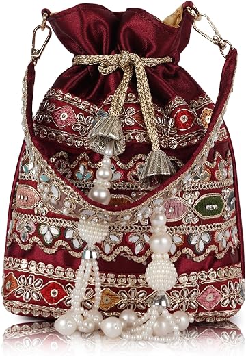 PLANX Velvet SilK Stylish Fancy Embroidery Unique Design Traditional Ethnic Wedding Party Handheld Potli For Women