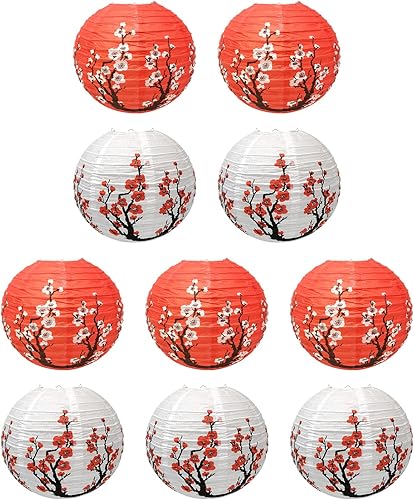 Miniatura 5 de 10 linternas de papel de flores de cerezo, 12 pulgadas, 5 rojas + 5 blancas para decoración de restaurantes, hogar, boda, fiesta