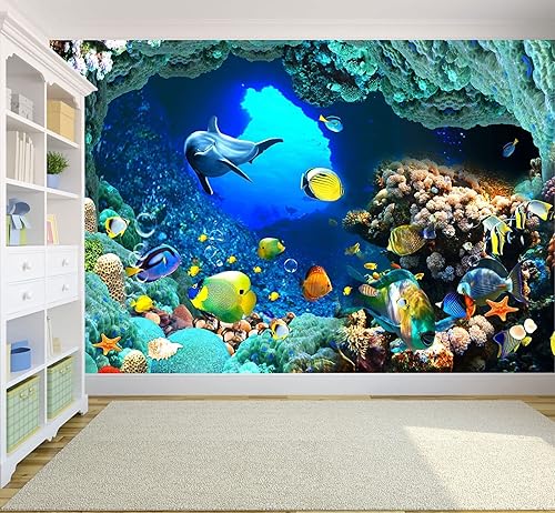 Miniatura 6 de Papel tapiz con imagen del mundo submarino y peces marinos para decoración de pared de sala de estar, dormitorio, comedor (no es autoadhesivo)