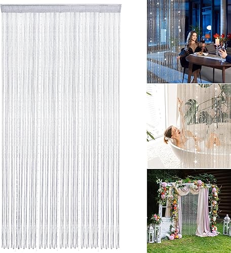 Miniatura 2 de Cortinas de cadena con cuentas plateadas para puertas de 36 x 77 pulgadas, cortina de cuentas con borlas de cristal para colgar en la puerta,