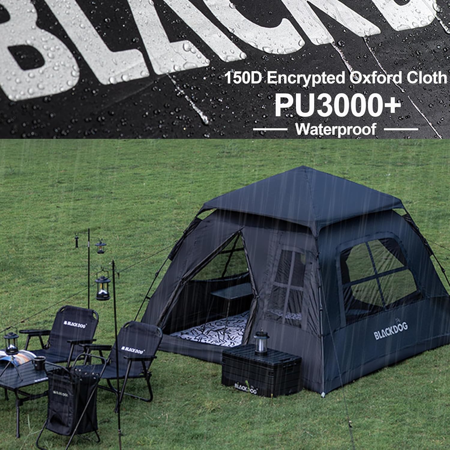 Blackdog 2-4 Person Portable Camping Tent - Waterproof Instant Pop Up Tent, UPF50+Large for Family, Car Camping & Traveling, Easy Setup (Black)