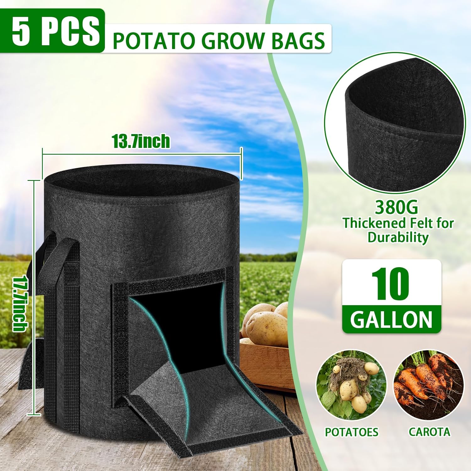 MJZ 5 Pack 10 Gallon Potato Grow Bags with Harvest Observation Windows, 380G Thickened Potato Bags for Growing Potatoes, Heavy Duty Nonwoven Fabric Garden Growing Containers to Grow Vegetable Tomatoes