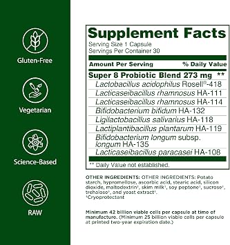Flora Super 8 Hi Potency Probiotics 30 Count - Healthy Yeast Balance & Digestive Health - for Men & Women - 42 Billion CFU, Raw, Gluten Free - Up to 1 Month Supply
