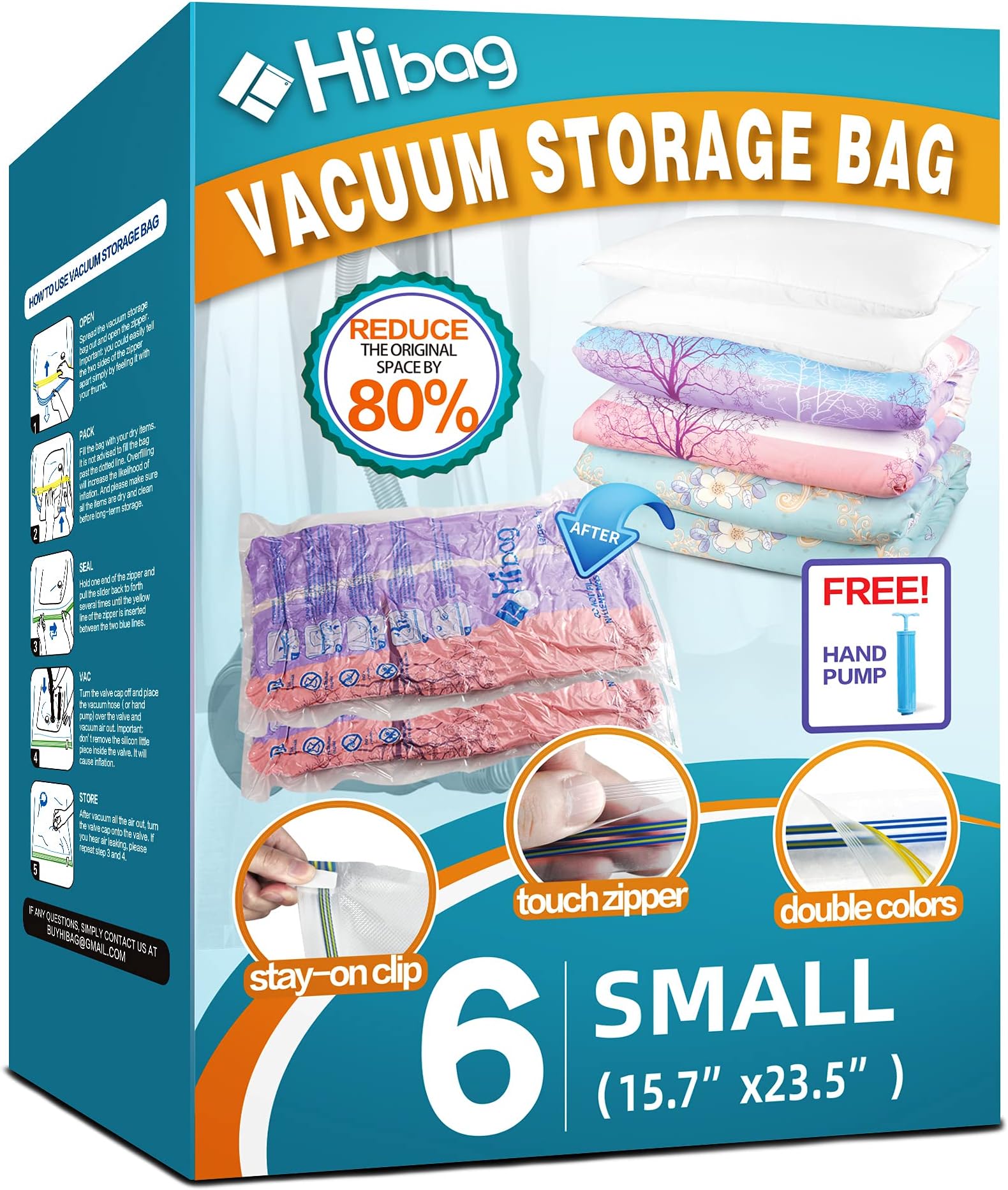 HIBAGHIBAG Vacuum Storage Bags, Space Saver Bags, Pack of 6, With Hand Pump (6 Small)