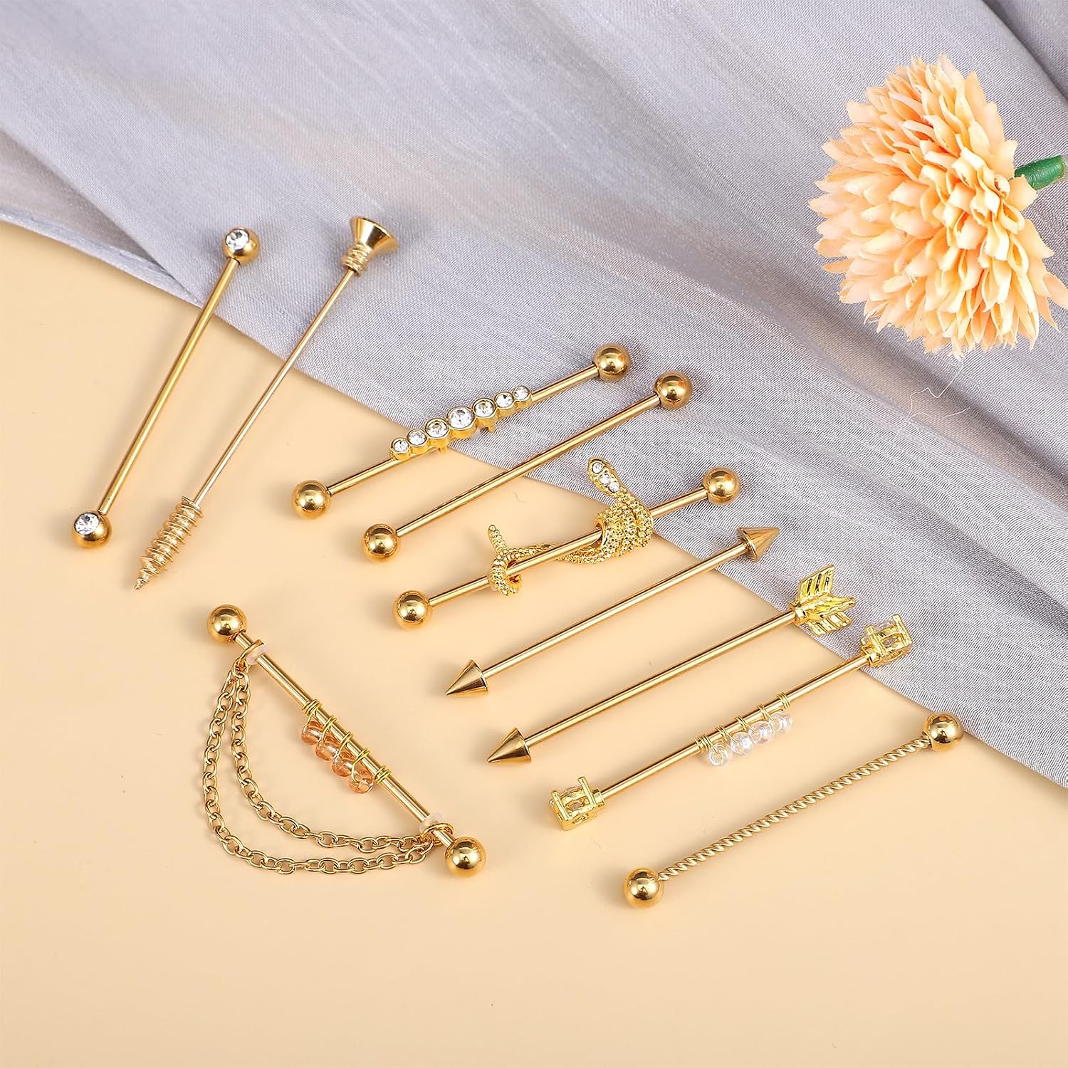 10Pcs 14G Industrial Piercing Jewelry Surgical Steel Industrial Barbell Earrings Cartilage Helix Piercing Earrings 38mm Industrial Piercing Bar for Women Men
