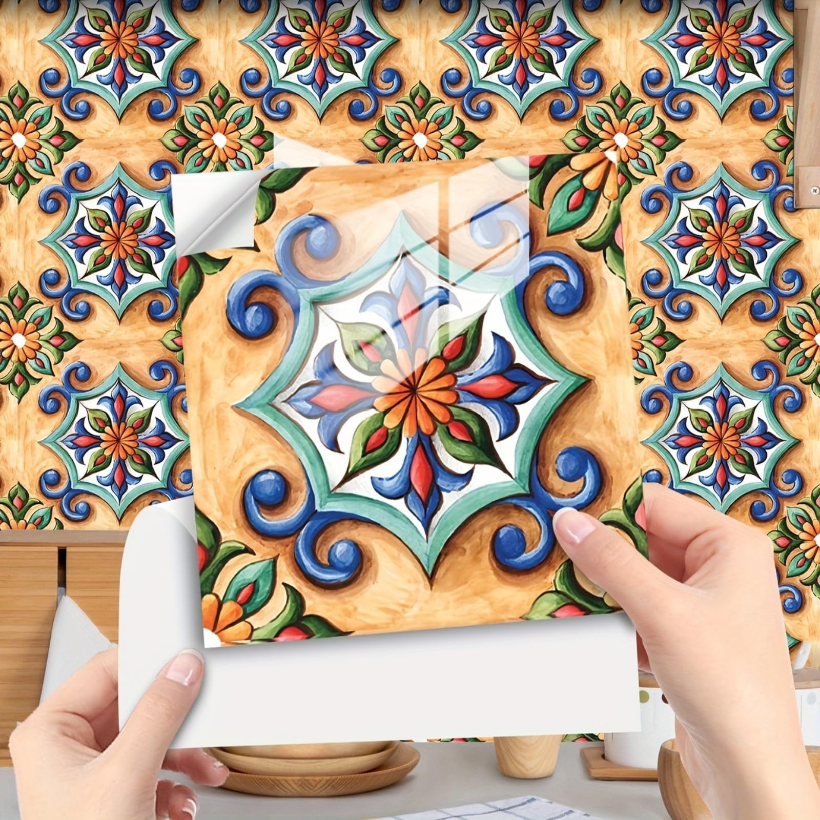 Retro Tile Stickers 10/15/20/30cm, 10Pcs Self-Adhesive Moroccan Wall Tiles, Waterproof Peel & Stick Vinyl for Kitchen Splashback Bathroom Floor Stairs (20x20cm-10pcs,FMB-675)
