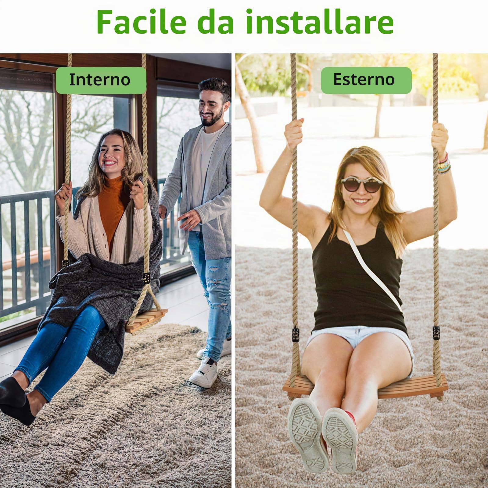 Altalena in Legno, Altalena Legno da Giardino per Ragazzo e Bimba Interno e Externo, Antiscivolo con Corda Regolabil per Adulti - Carico Massimo 200 kg