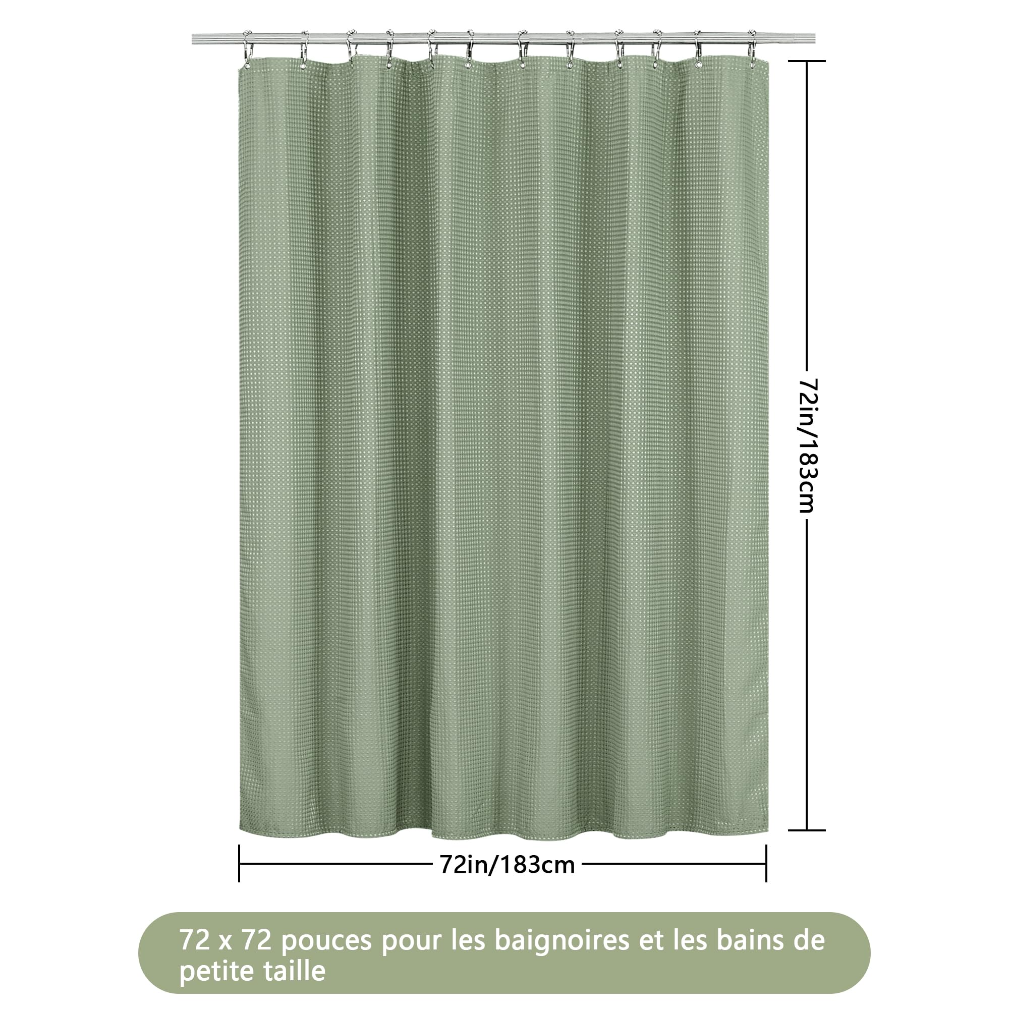 Rideau de Douche en Tissu Polyester Lavable en Machine Imperméable 183 x 183 cm avec 12 Crochets Vert