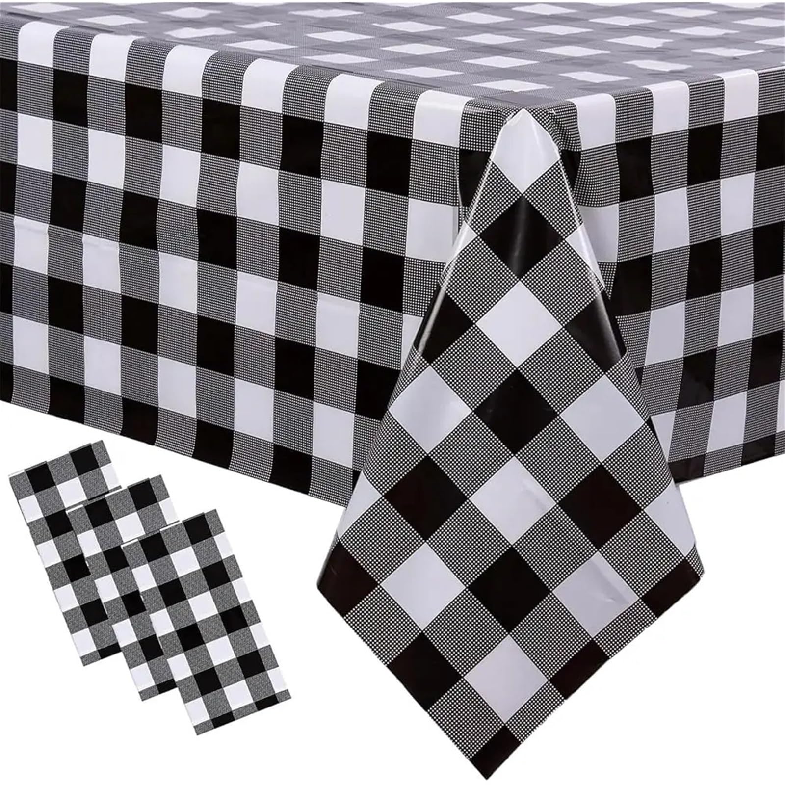 ZNJAMN 3 Packs Pink and White Checkered Tablecloth 54x108 Inches Rectangle Gingham Disposable Plastic Waterproof Pic for Party,Picnic(Black and White)