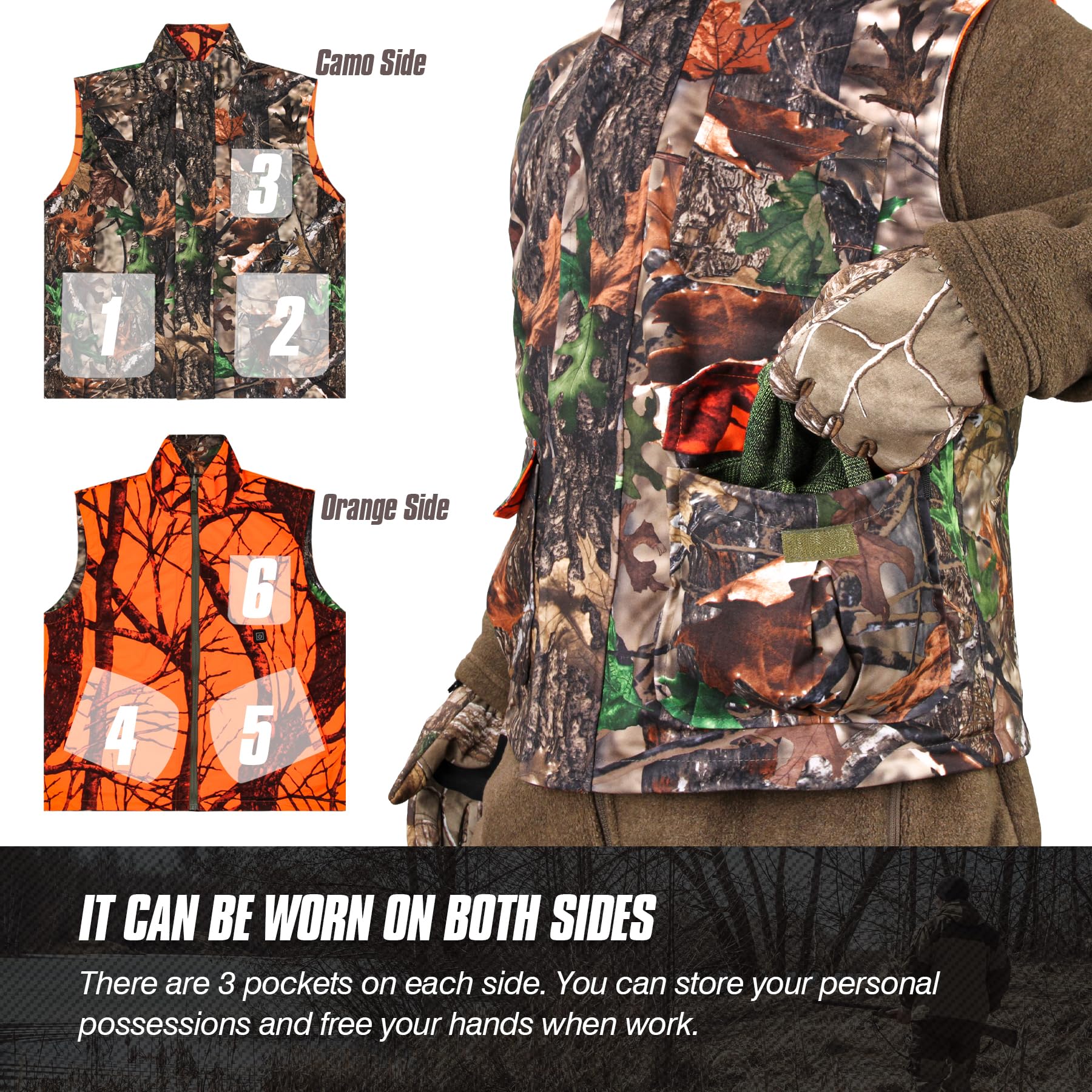 VicBre Gilet da caccia riscaldato da uomo, mimetico e arancione, reversibile, per escursionismo, sci, pesca, campeggio (M-4XL)