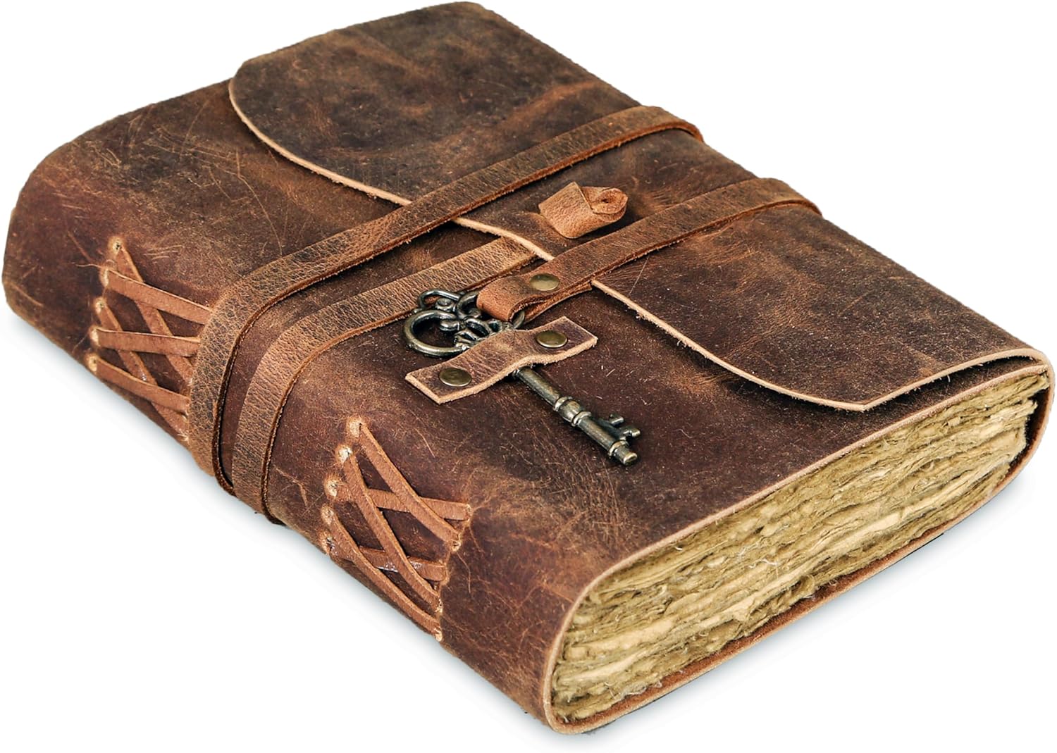 Leather Journal with Unlined Deckle Edge Paper 8x6 inch and Vintage Key | Handmade Writing Notebook Diary | Bound Daily Notepad for Men & Women Medium, Sketch/Writing pad for Artists 8 x 6 Unlined Deckle Paper Brown