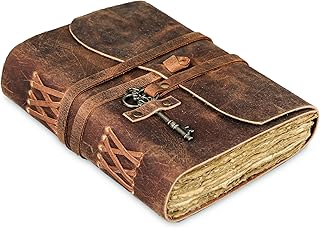 Leather Journal with Deckle Edge Paper 8x6 inch and Vintage Key | Handmade Writing Notebook Diary | Bound Daily Notepad for Men & Women Medium, Sketch/Writing pad for Artists