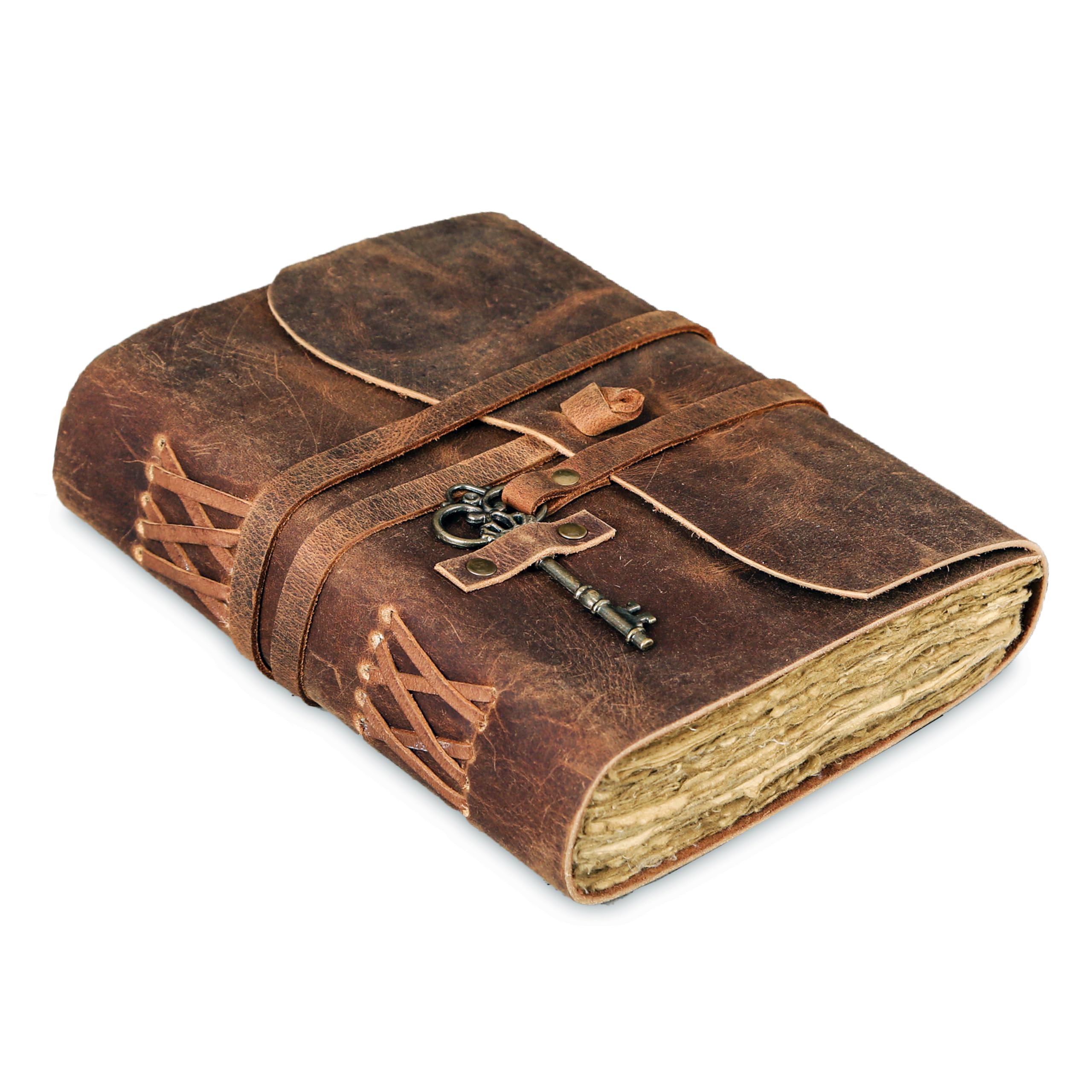 Leather Journal with lined Deckle Edge and Vintage Key