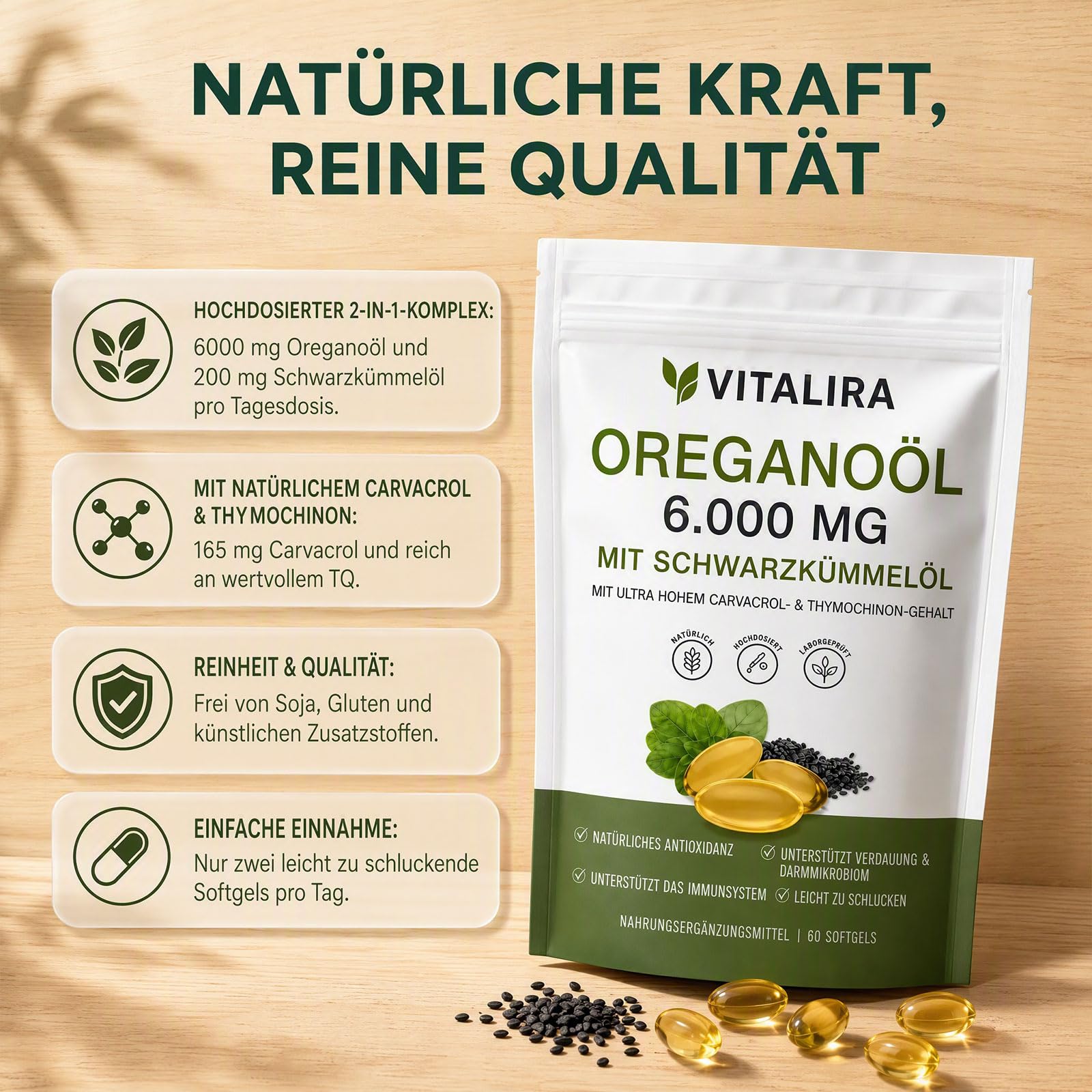Vitalira Oregano-öl Weichkapseln 6000 mg – 60 Softgels