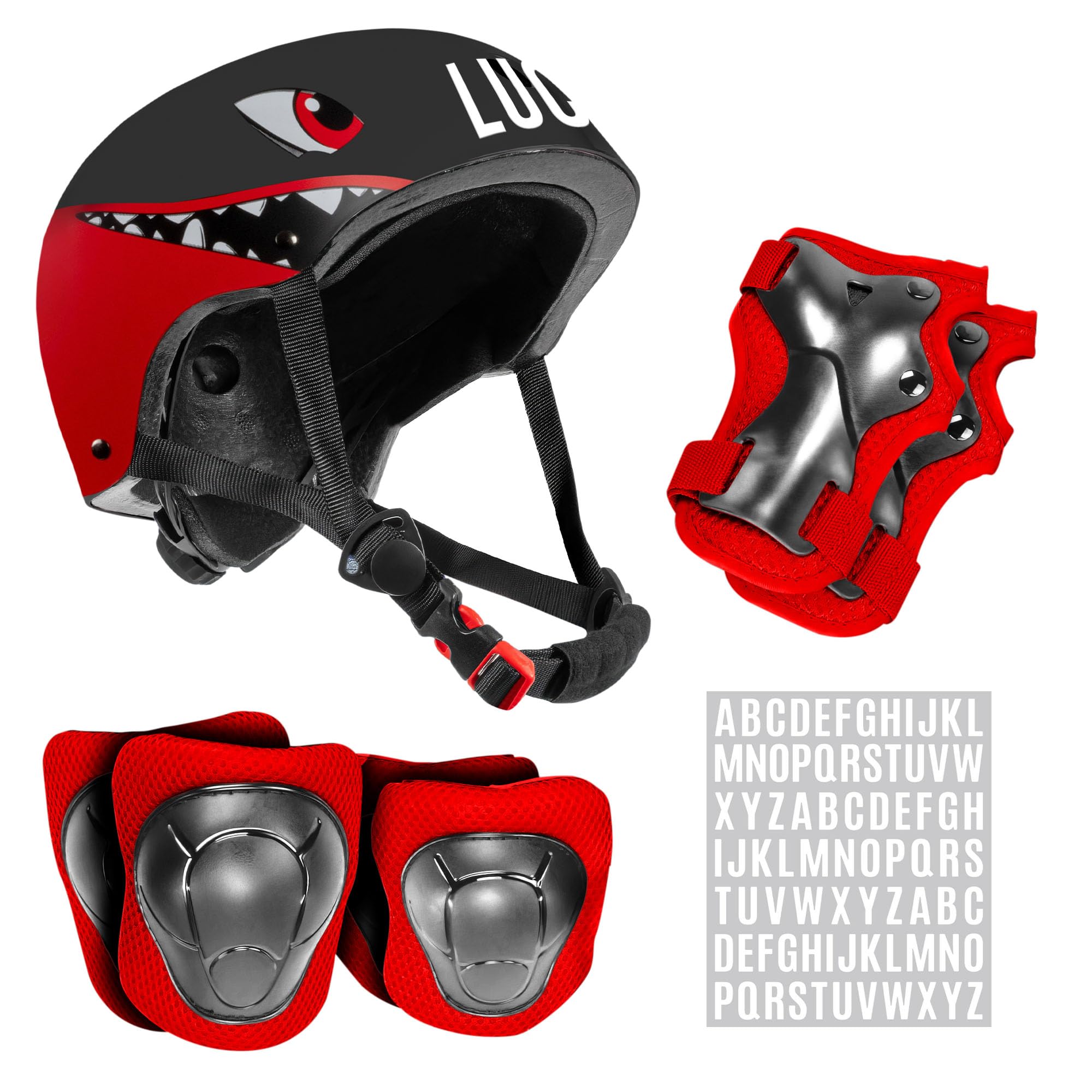 Niftii Kids Helmet with Pads and Personalisation Kit - Adjustable Multi-Sport Complete Safety Gear for Cycling, Skateboarding & Scooting, Ideal for Boys & Girls Ages 3-15, Shark Bike Helmet Set