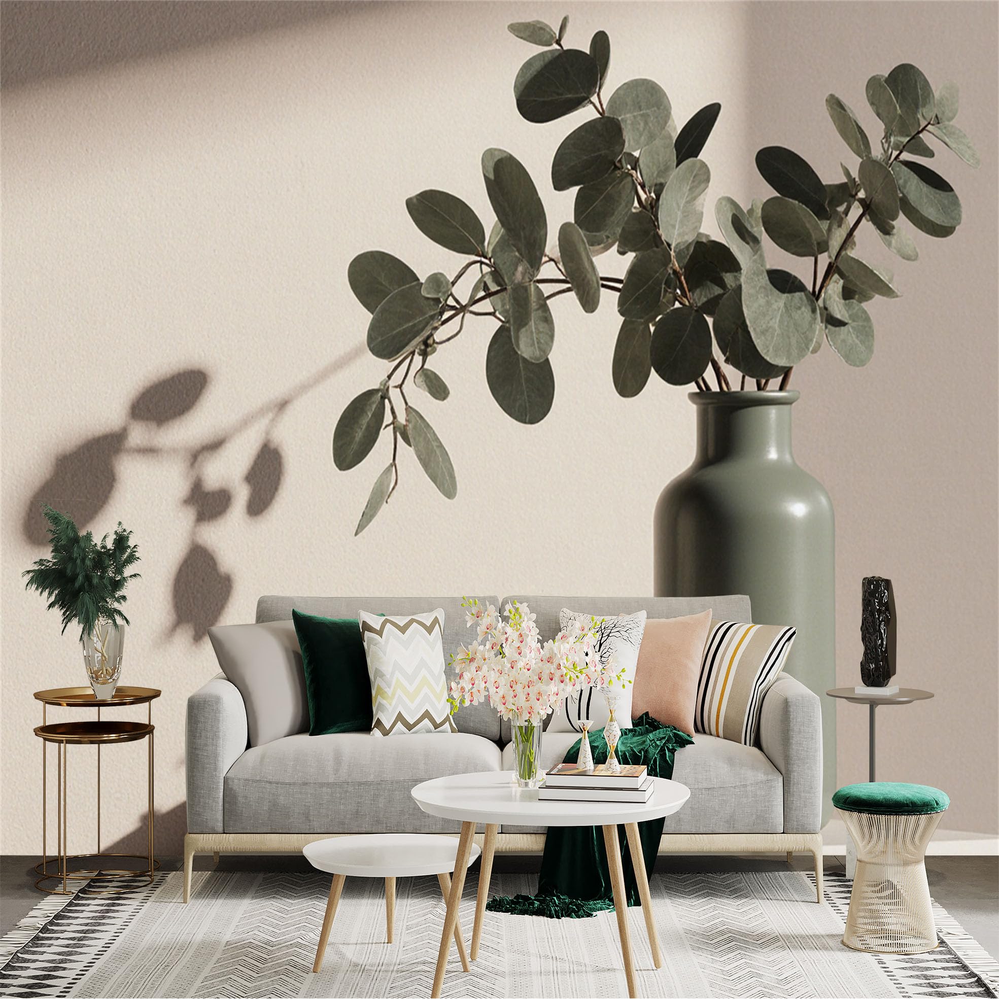 Custom Size Wall Sticker Mural， Modern Minimalist Vase with Green Foliage， Stacked Books， Neutral Aesthetic Decor， for wall Decoration， peelandstick wall Decals.