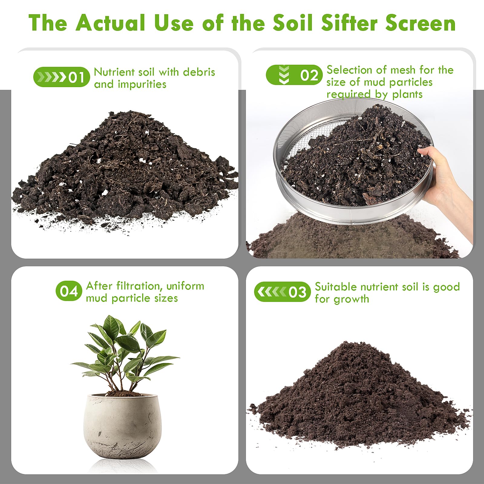 Tamis de Sol pour Le Jardinage, Tamis de Sol en Acier Inoxydable de 12 Pouces avec 5 écrans Fins Remplaçables, Gants et Pelle, Tamis pour Sable, 3mm, 5mm, 8mm, 10mm, 12mm (Argent)