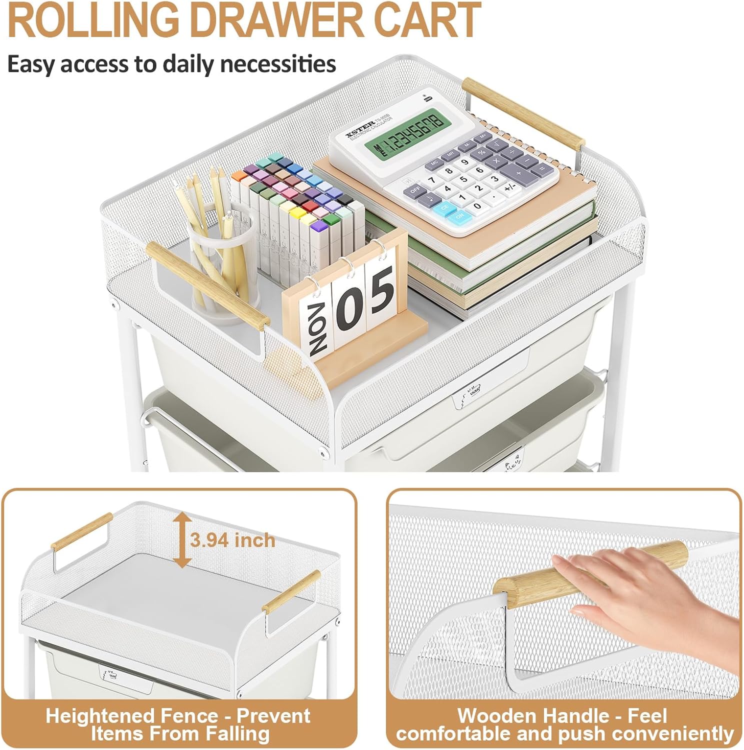 SYKIARIOL Rolling Utility Storage Cart with 4 Drawers - 4 Tiers Rolling Cart Craft Cart, Storage Drawer Cart Organizer for Craft Room Office Bedroom Classroom with Mesh Top & 4 PCS DIY Lable, White
