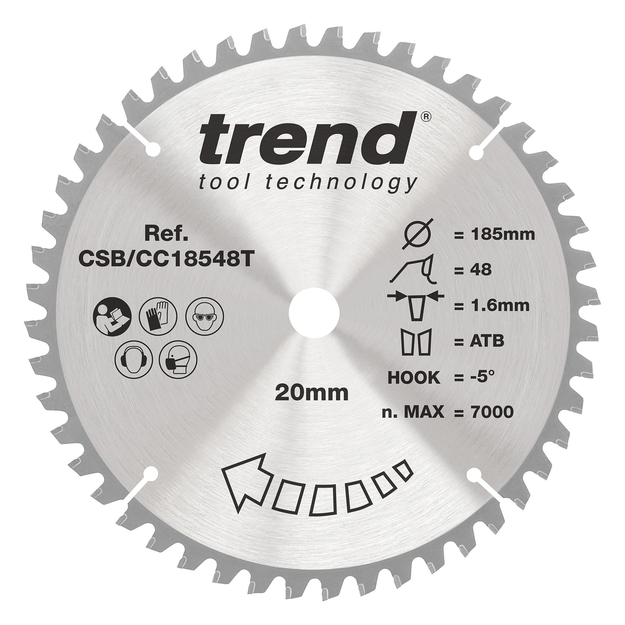 Trend Wood Cordless Mitre Saw Blade, 185mm Diameter, 20mm Bore, 48 Teeth, 1.6mm Kerf, -5° Hook, TCT, Fine Finish, CSB/CC18548T
