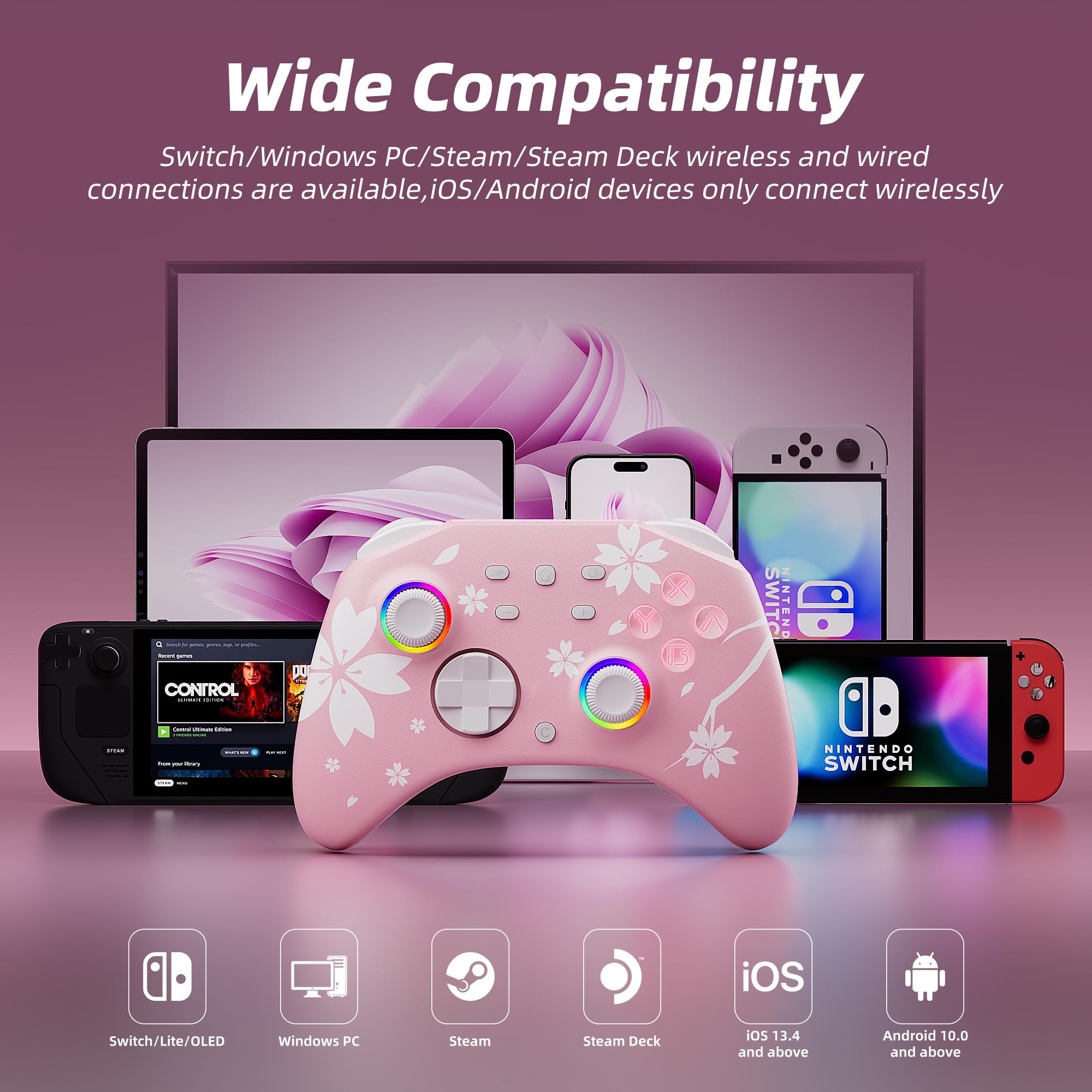 Mytrix Wireless Controllers for Switch/Switch 2, Windows PC iOS Android Steam/Steam Deck,  Bluetooth Controller with Programmable, Hall Effect Joysticks, Adjustable LED Light/Turbo/Vibration: Sakura Pink