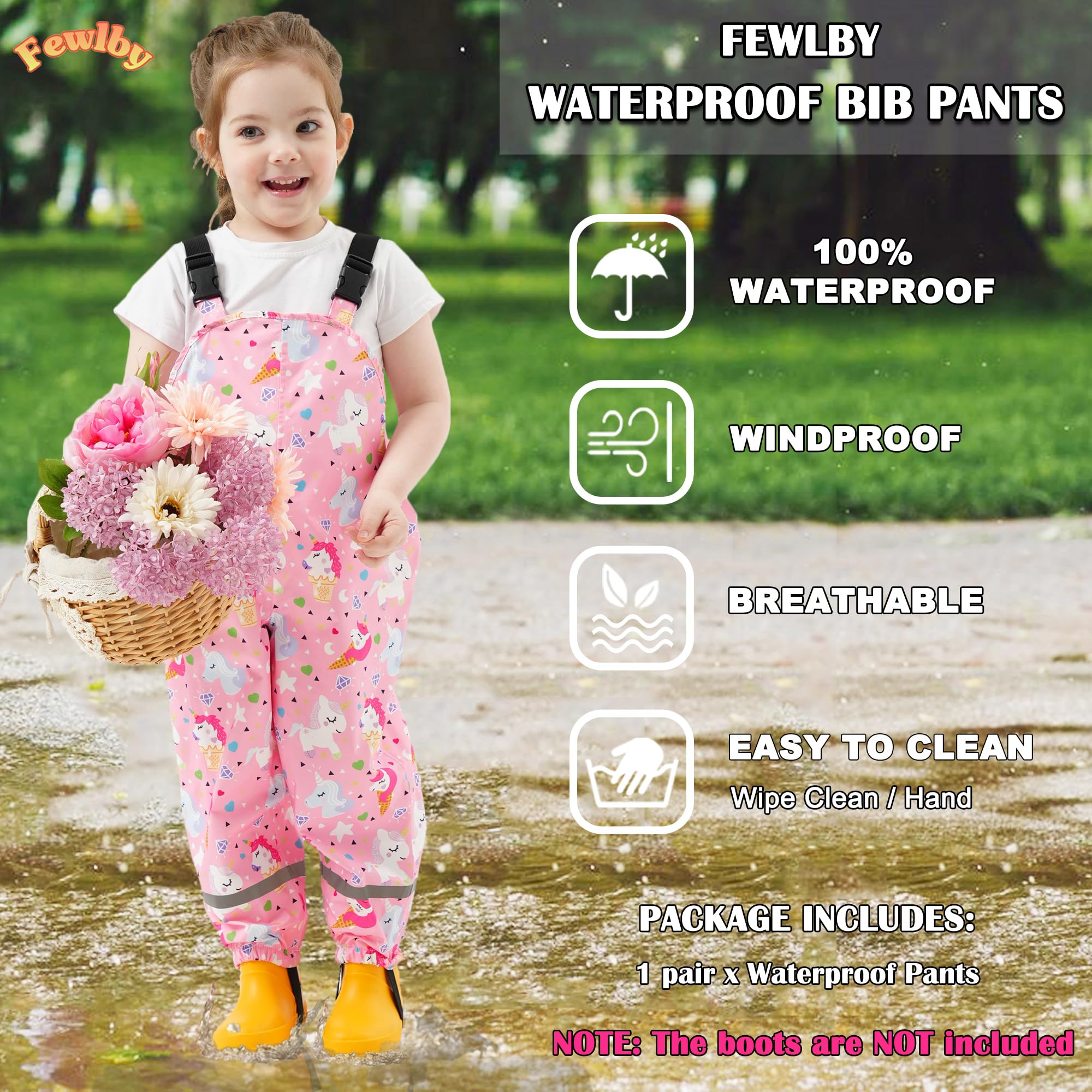 Fewlby Pantalon Imperméable Enfant Pantalon de Pluie, Filles Garçons Combinaison de Pluie Salopette Réutilisable Vêtements de Pluie