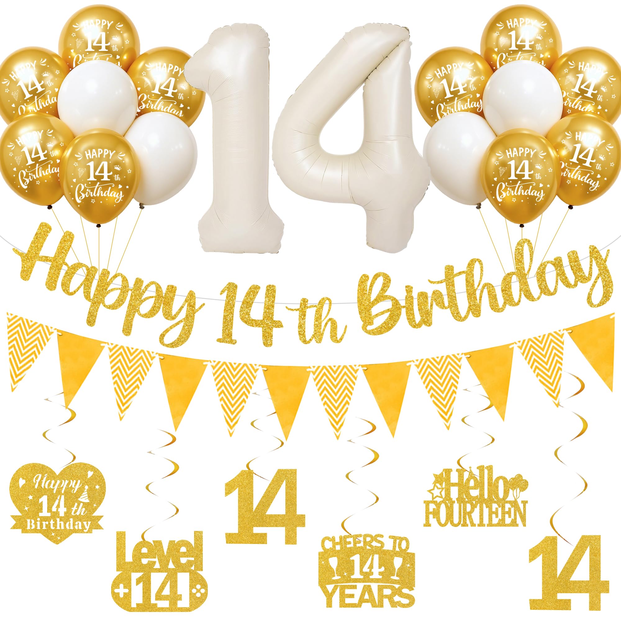 14th Birthday Decorations for Boys Girls - White Gold Glitter Happy 14th Birthday Letter Banner and Pennant Flags, Number 14 Foil Balloons and Hanging Swirls for 14 Years Old Children Party Supplies