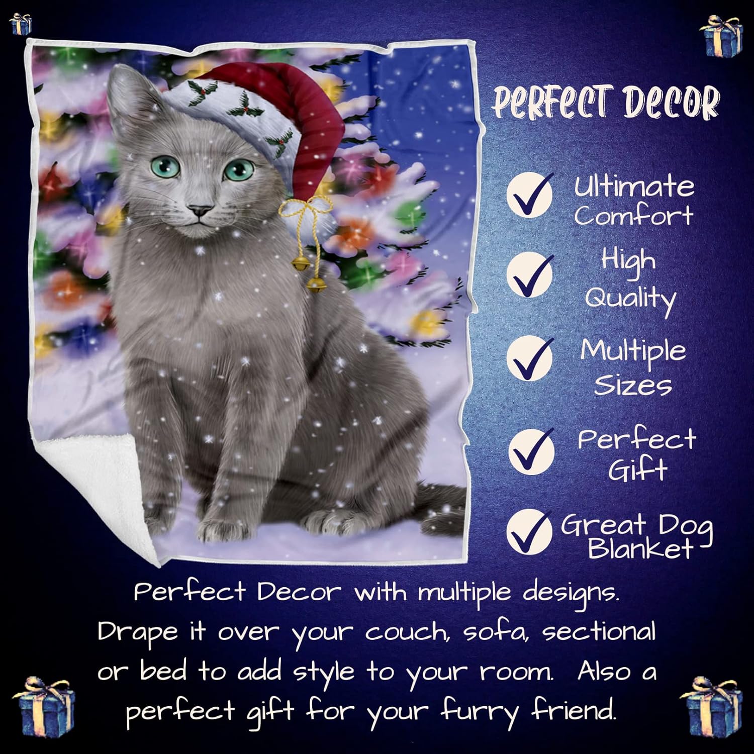 Doggie of the Day Russian Blue Cat Blanket - Christmas Winterland Wonderland - Super Soft & Warm Pet Theme for Sofa or Bed, Warm Fleece, Sherpa or Woven Material, BLNKT89301 (60x80 Fleece)