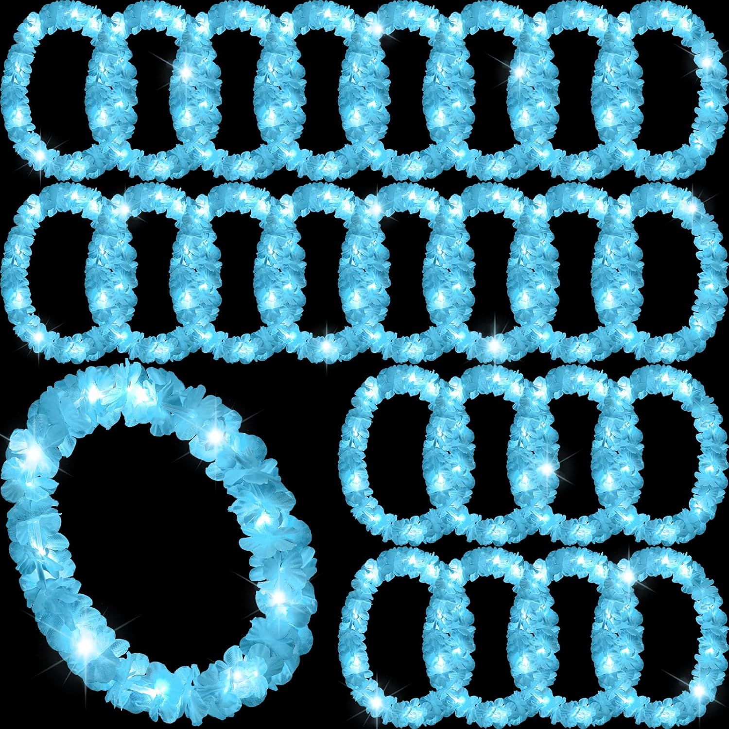 Sherr 24 Pcs LED Leis Light Up Wedding Hawaiian Leis Flower Necklace Hawaiian Leis with LED Lights Beach Tropical Carnival Party Wedding Supplies Luau Leis for Masquerade?Baby Blue?