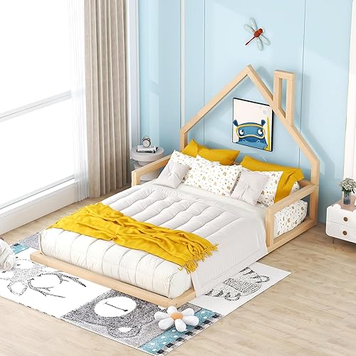 Miniatura 1 de DHPM Cama de suelo para niños, cama Montessori de tamaño matrimonial con cabecera y barandillas en forma de casa, cama de madera con listones para