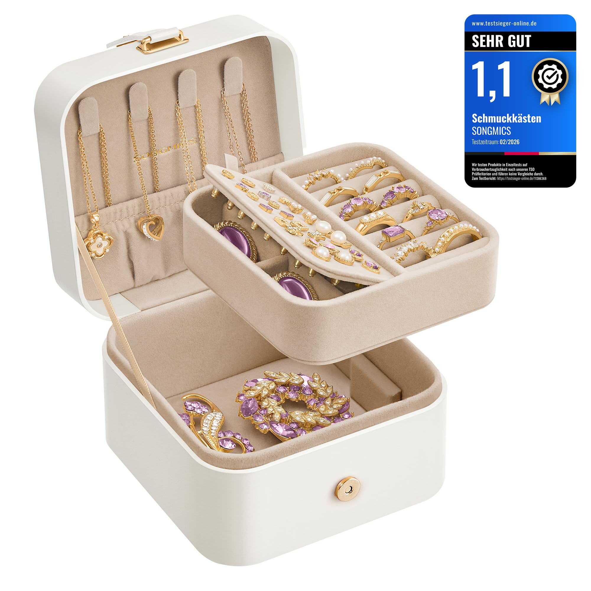 SONGMICS GISELLA Kollektion - Schmuckkästchen Reise, 2 Ebenen Schmuckaufbewahrung, tragbar, Schmuck-Reiseetui, für größere Accessoires, 11,2 x 11,8 x 7,2 cm, Geschenkidee, wolkenweiß JBC185W03