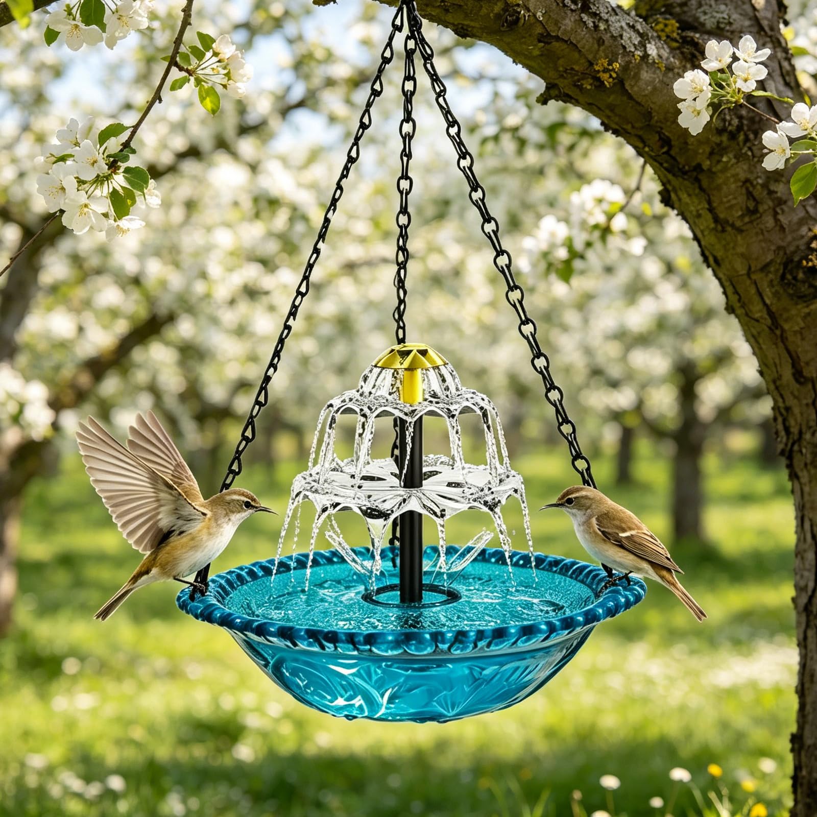 Bain d'oiseaux suspendu avec fontaine solaire, bain d'oiseaux à 3 niveaux avec eau courante, bain d'oiseaux solaire pour jardin, balcon, terrasse, bleu, chaînes en métal pour décoration et soin des