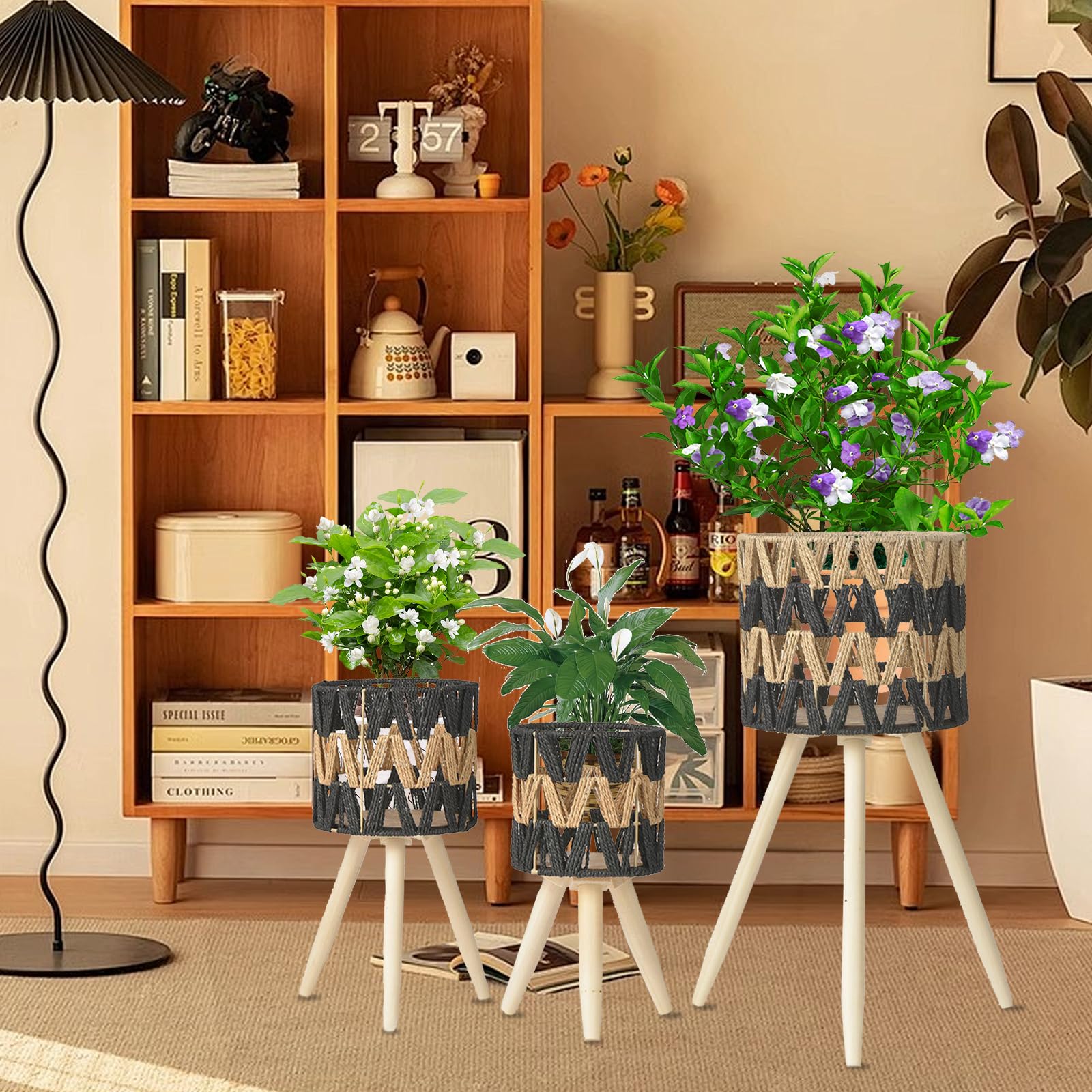 Tissting Pflanzenständer Imitation Rattan Blumenständer, 3er Set Holz Dreieck Blumenhocker Pflanzenhocker Deko Hocker für Innen Balkon Wohnzimmer Deko 15/20/25cm