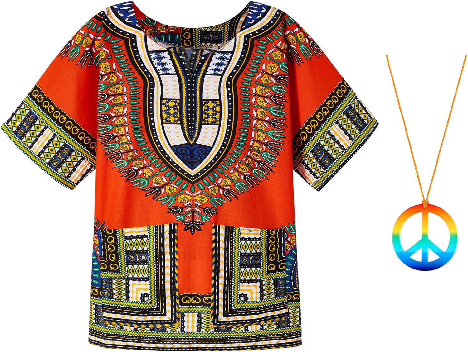 Mainfini Men's Hippie Costume 60s 70s T-Shirt Afro Outfits Accessories Set Peace Sign Necklace