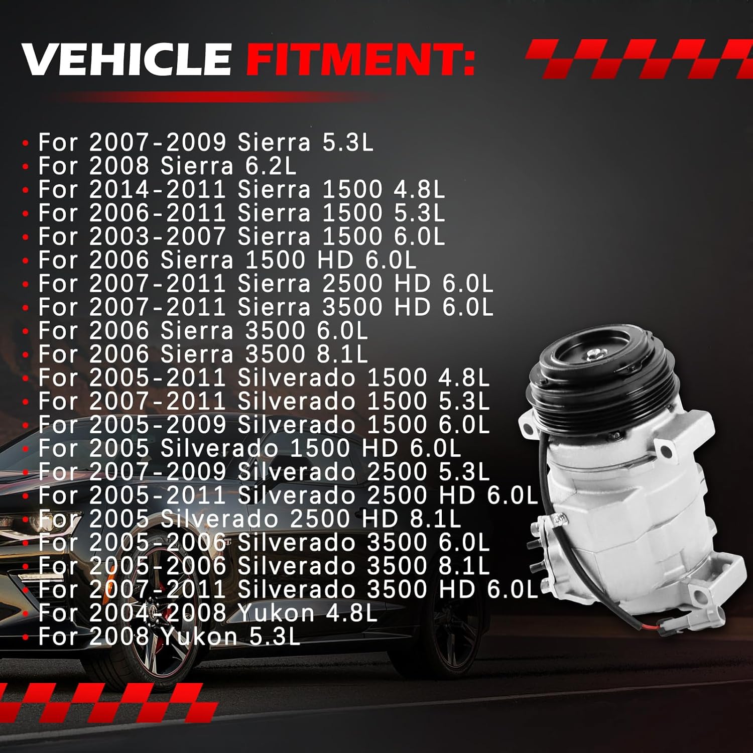 AC Compressor Fit for Escalade Silverado Suburban Tahoe GMC Sierra Yukon, 4.8L 5.3L 5.7L 6.0L 6.2L 8.1L, A/C with Clutch Replacement for 89024907 20784066 272531 4710315 4710316 10000631