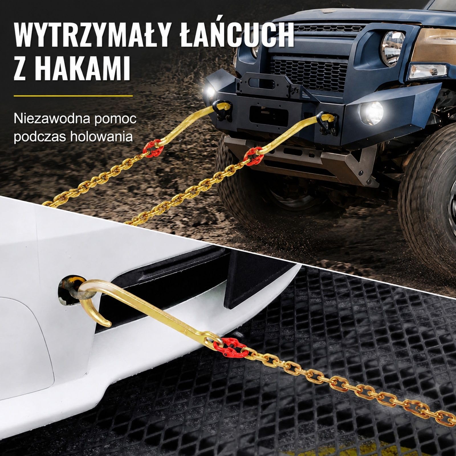 Łańcuch holowniczy z hakami J, układ V do transportu pojazdów