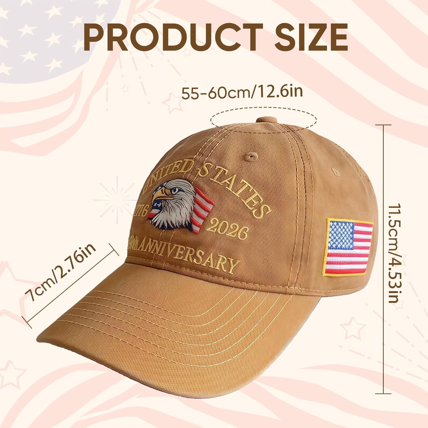 250th American Anniversary Hat, Adjustable USA Baseball Cap for Men & Women, Commemorative Eagle Embroidery Heritage Cap Khaki - Image 5