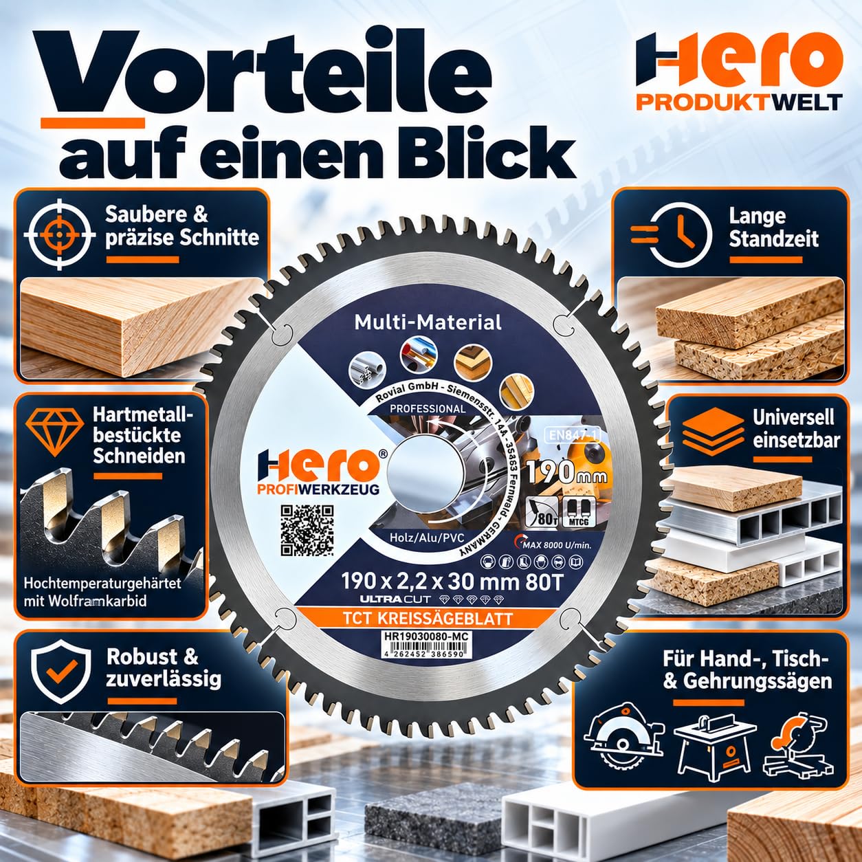 HERO Kreissägeblatt 210 x 30 mm 100 Zähne – Profi Hartmetall TCT Multi Material Sägeblatt für Holz, Laminat, Aluminium, PVC & NE-Metalle – Präzisions Feinschnitt
