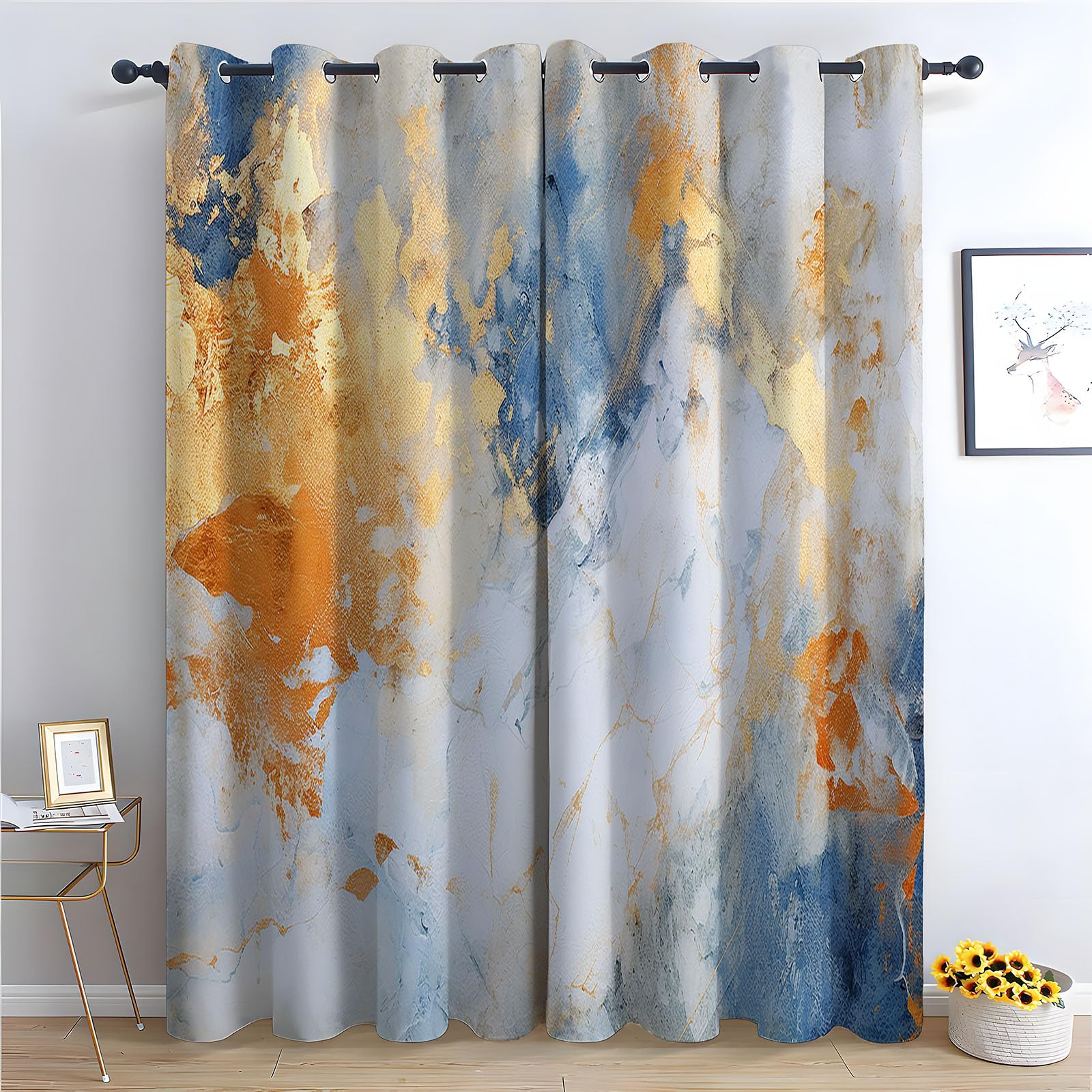 WQBQKKX Abstract Line Curtains Eyelet Retro Bohemian Flower Plant Print Thermal Insulated Window Drapes, Botanical Art Window Treatments-52 W x 84" L (Pack of 2)